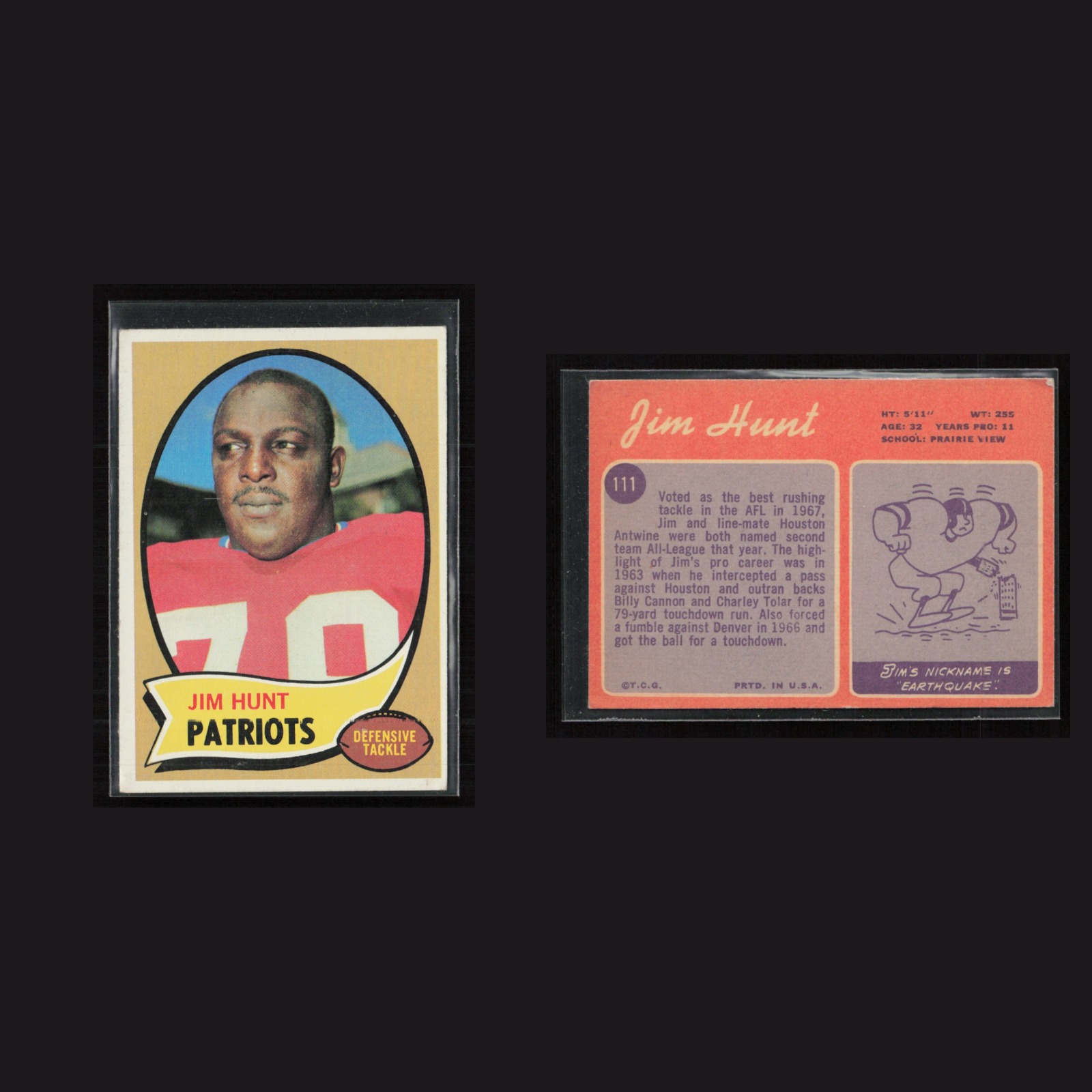 1970 Jim Hunt #111 EX-EXMINT Topps New England Patriots Vintage Football Card front and back scans. Card condition is as shown in the scans.