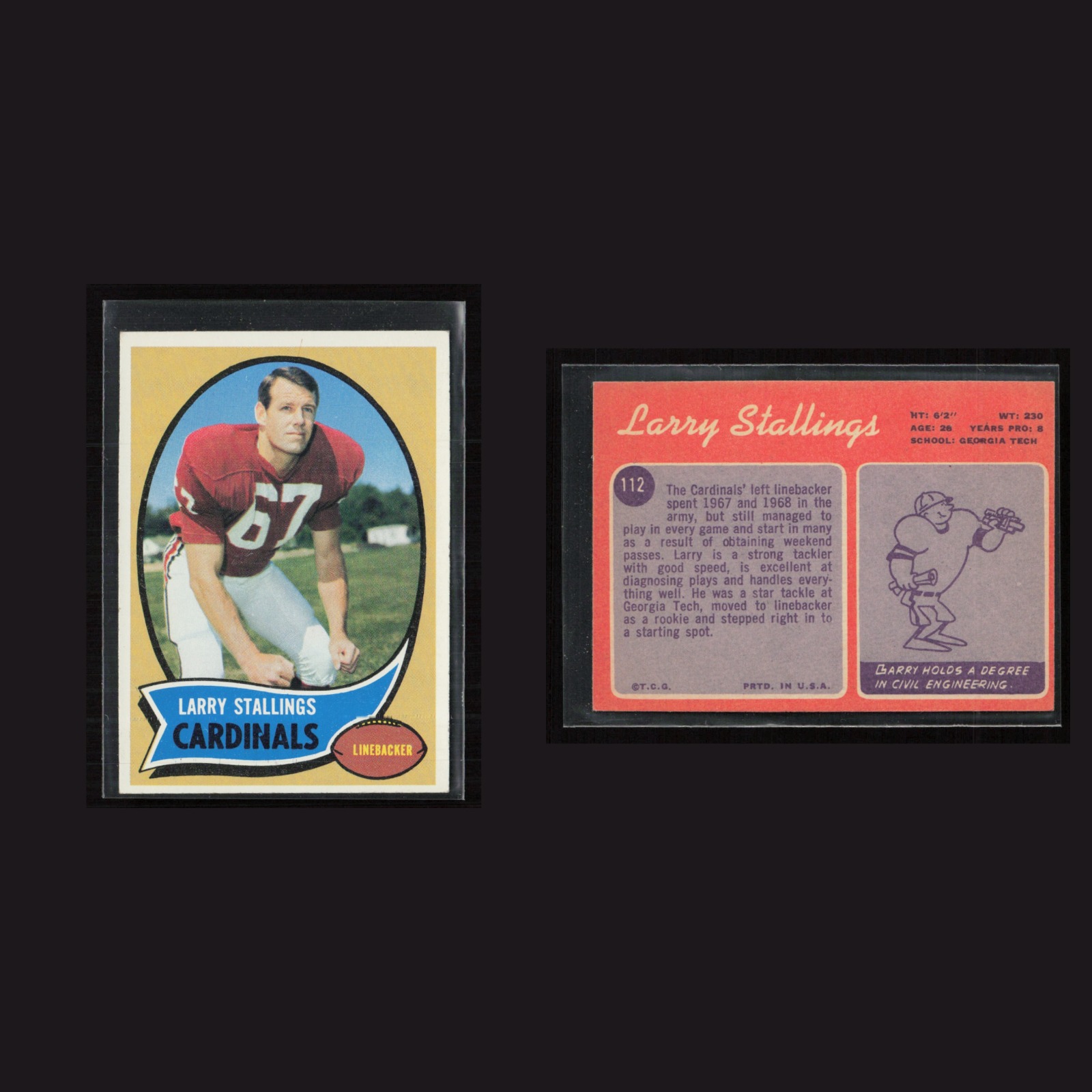 1970 Rookie Larry Stallings #112 EX Topps Arizona Cardinals Vintage Football NFL front and back scans. Card condition is as shown in the scans.
