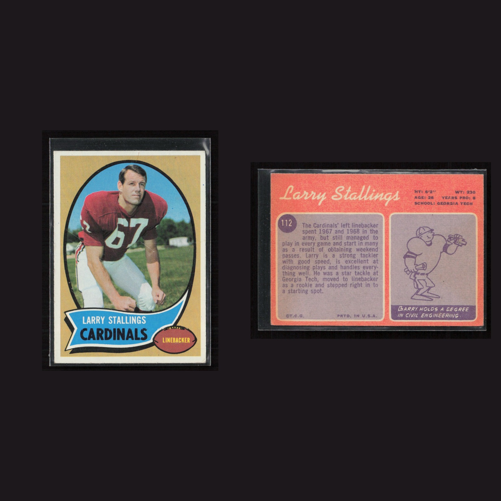 1970 Larry Stallings #112 EX-EXMINT Topps Arizona Cardinals Vintage Football NFL front and back scans. Card condition is as shown in the scans.