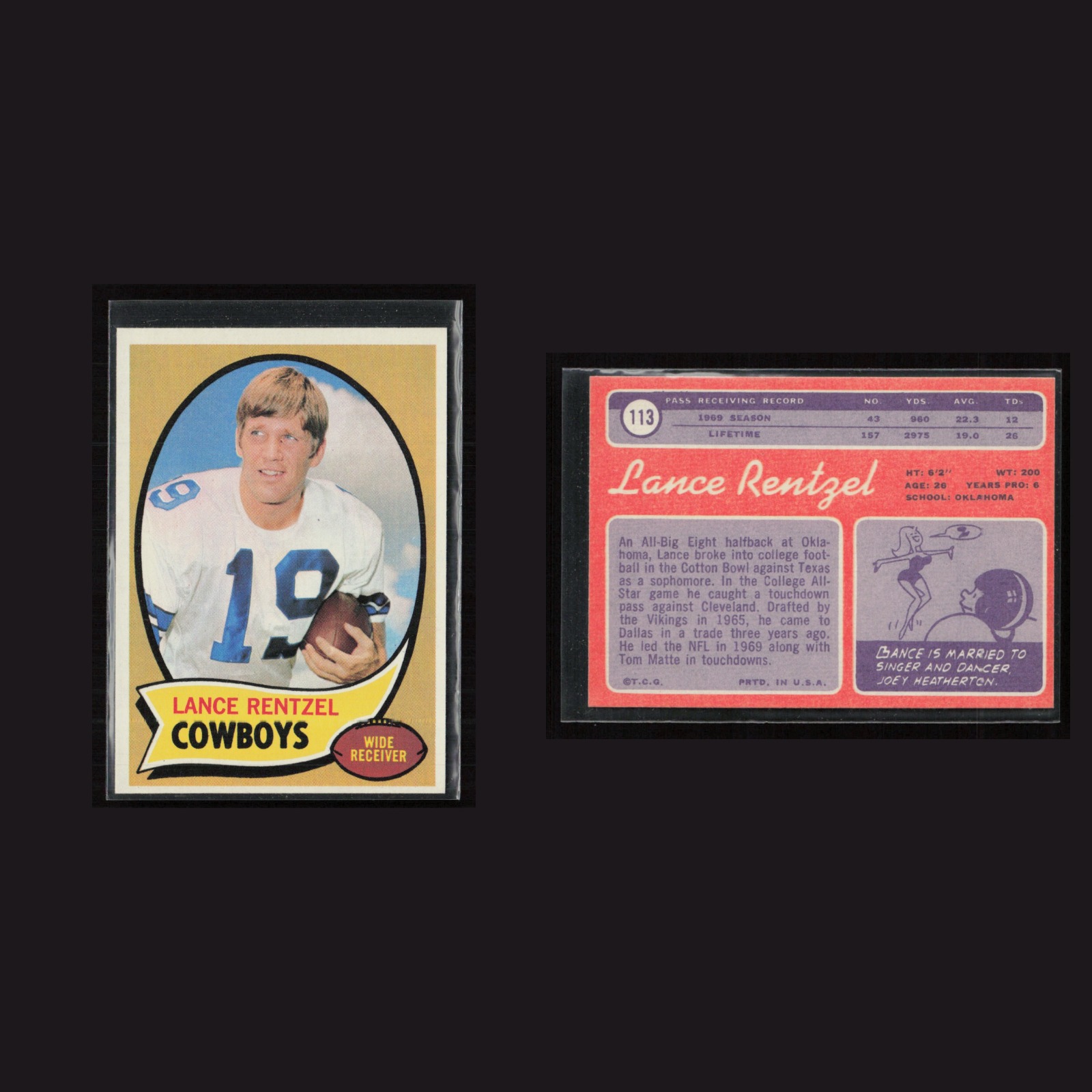 1970 Lance Rentzel #113 EX Topps Dallas Cowboys Vintage Football Card Set-Break front and back scans. Card condition is as shown in the scans.