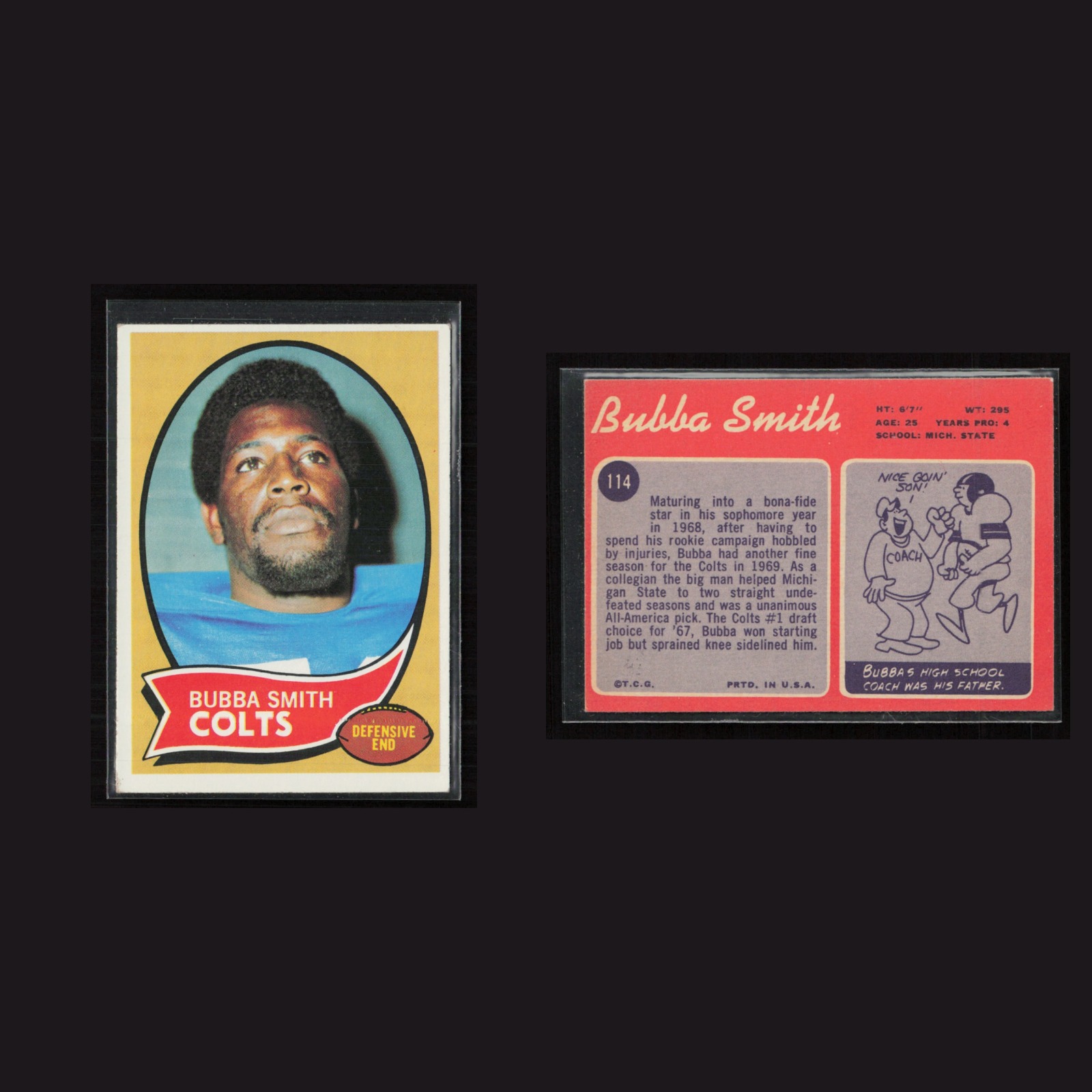 1970 Bubba Smith #114 EX Topps Indianapolis Colts Vintage Football Card NFL front and back scans. Card condition is as shown in the scans.
