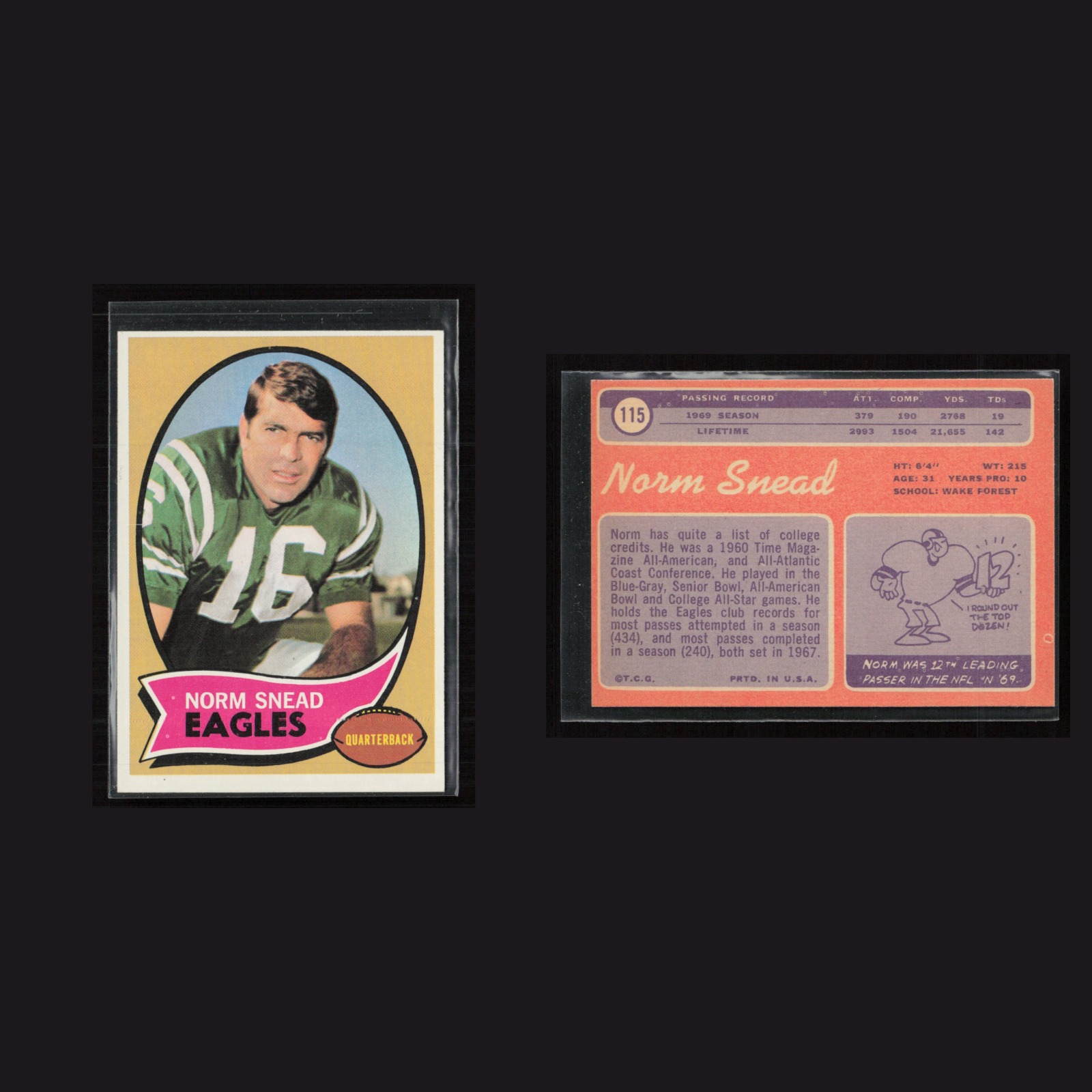 1970 Norm Snead #115 EX Topps Philadelphia Eagles Vintage Football Card NFL front and back scans. Card condition is as shown in the scans.