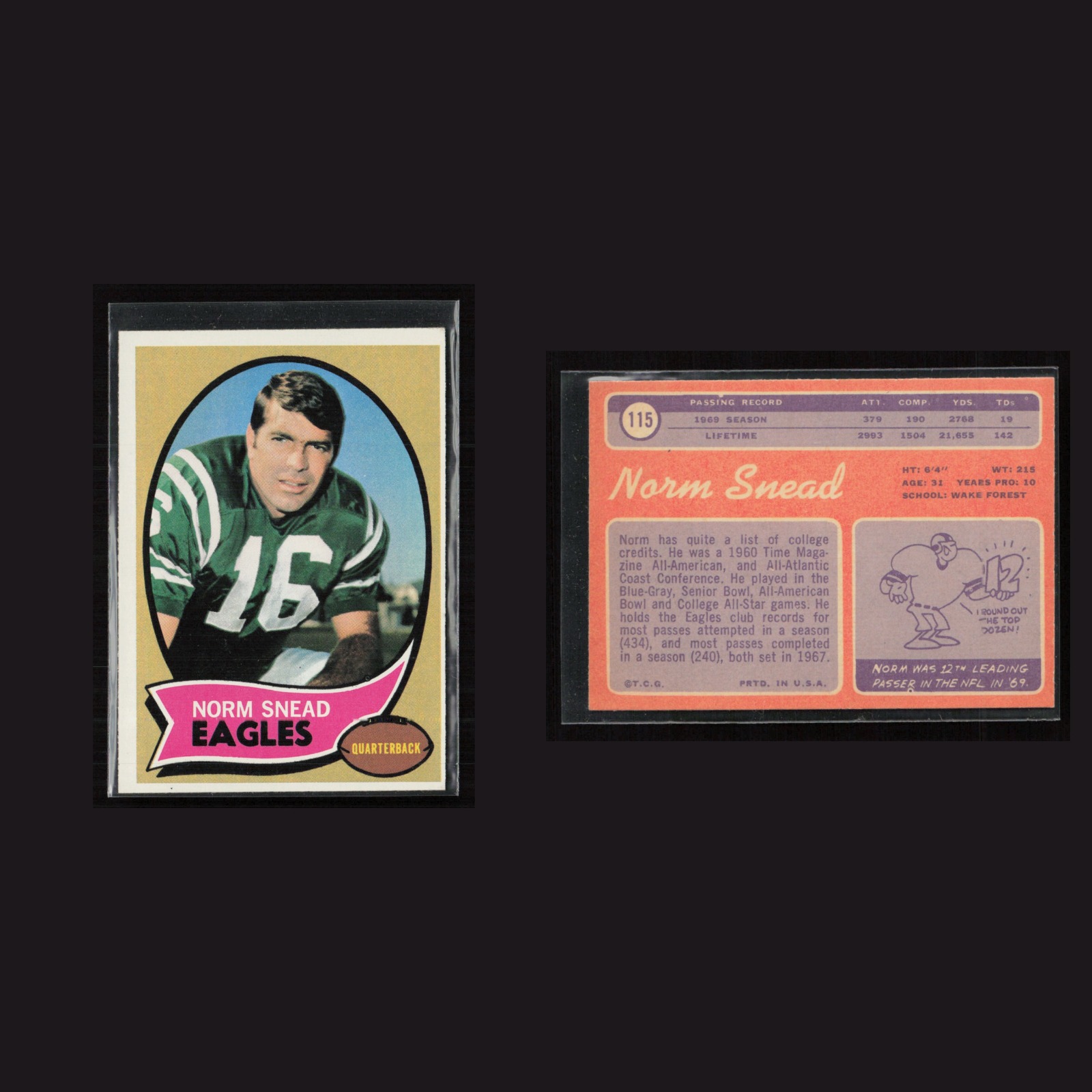 1970 Norm Snead #115 EX Topps Philadelphia Eagles Vintage Football Card NFL front and back scans. Card condition is as shown in the scans.