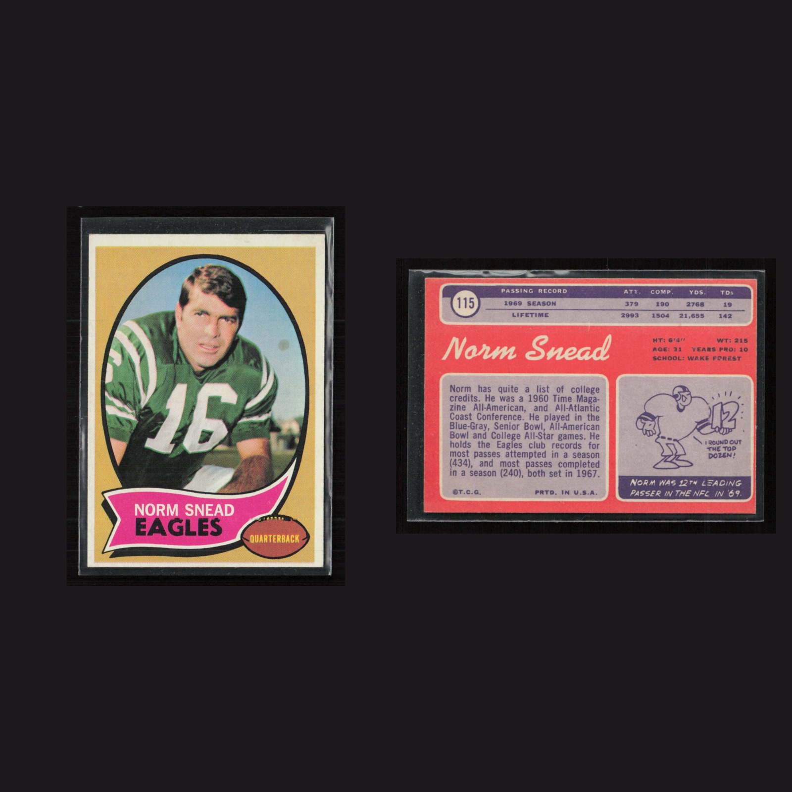 1970 Norm Snead #115 EX Topps Philadelphia Eagles Vintage Football Card NFL front and back scans. Card condition is as shown in the scans.