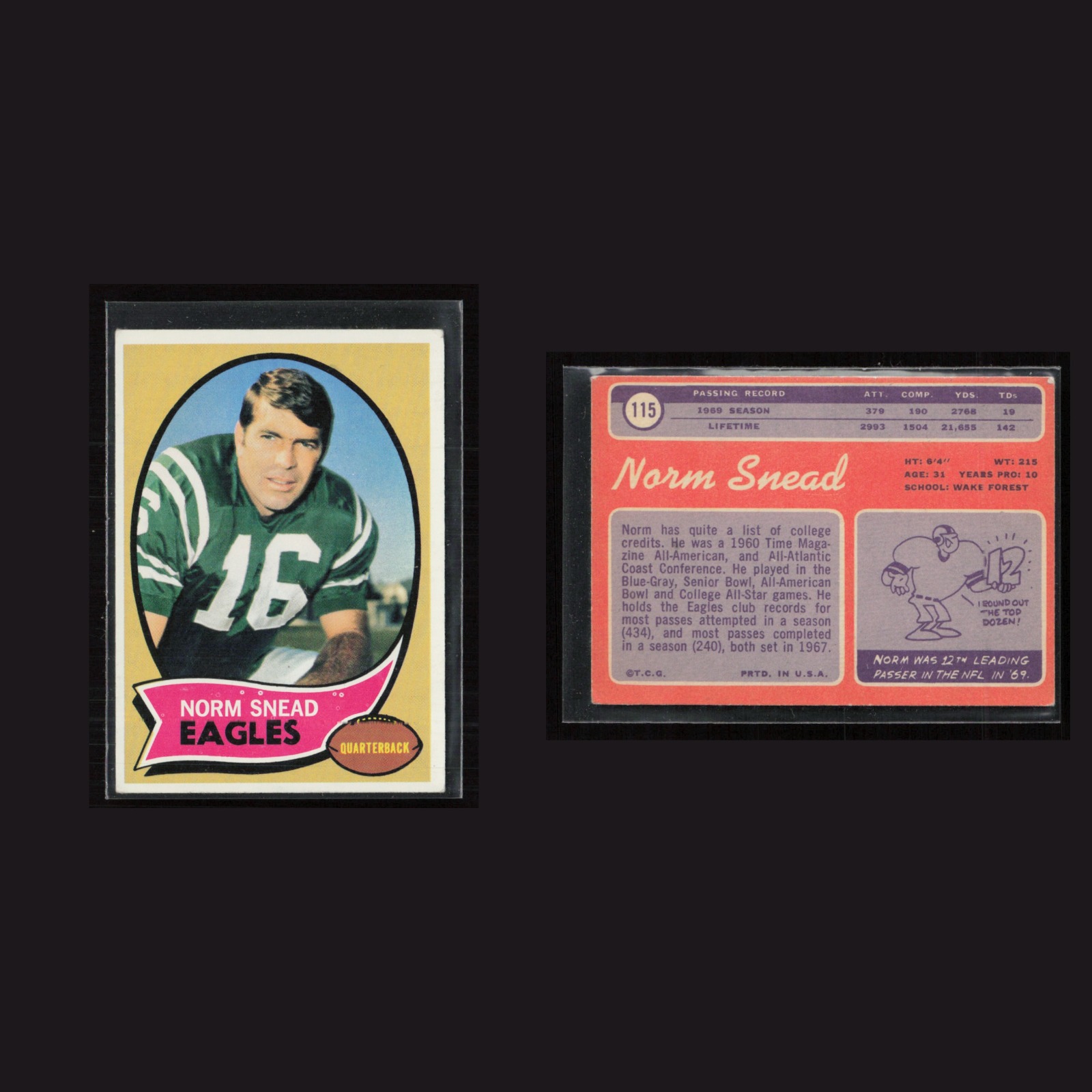 1970 Norm Snead #115 EX-EXMINT Topps Philadelphia Eagles Vintage Football Card front and back scans. Card condition is as shown in the scans.
