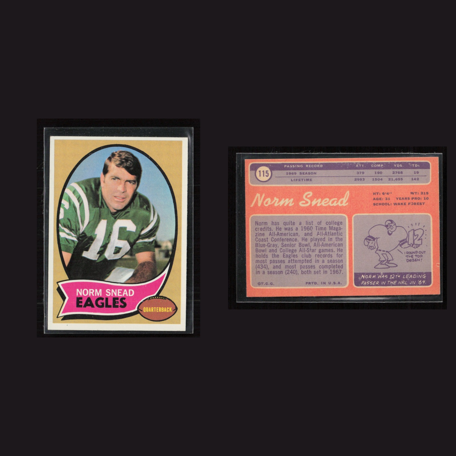 1970 Norm Snead #115 EX-EXMINT Topps Philadelphia Eagles Vintage Football Card front and back scans. Card condition is as shown in the scans.