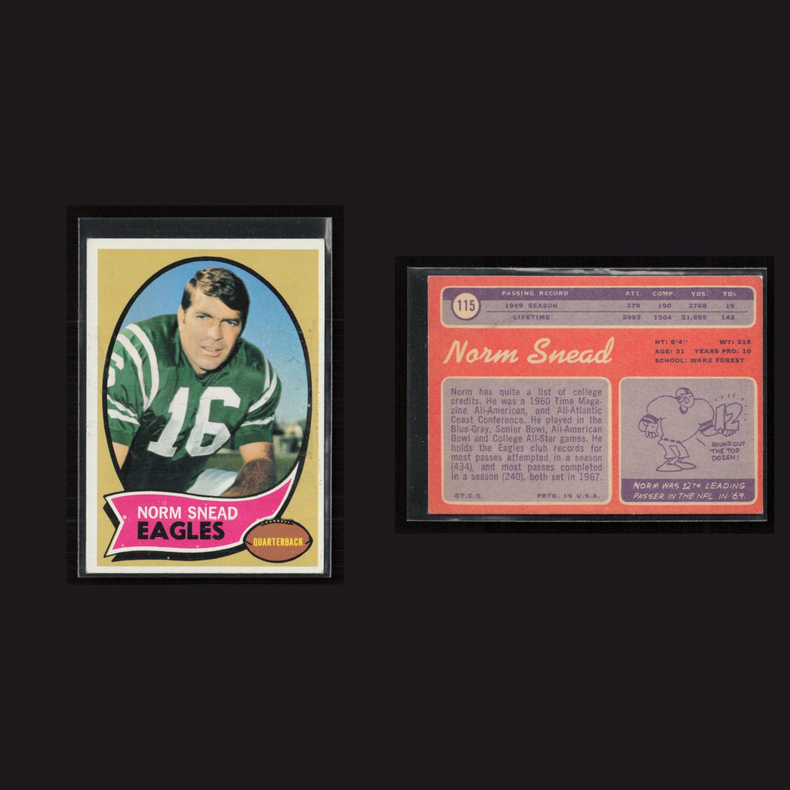 1970 Norm Snead #115 EX-EXMINT Topps Philadelphia Eagles Vintage Football Card front and back scans. Card condition is as shown in the scans.