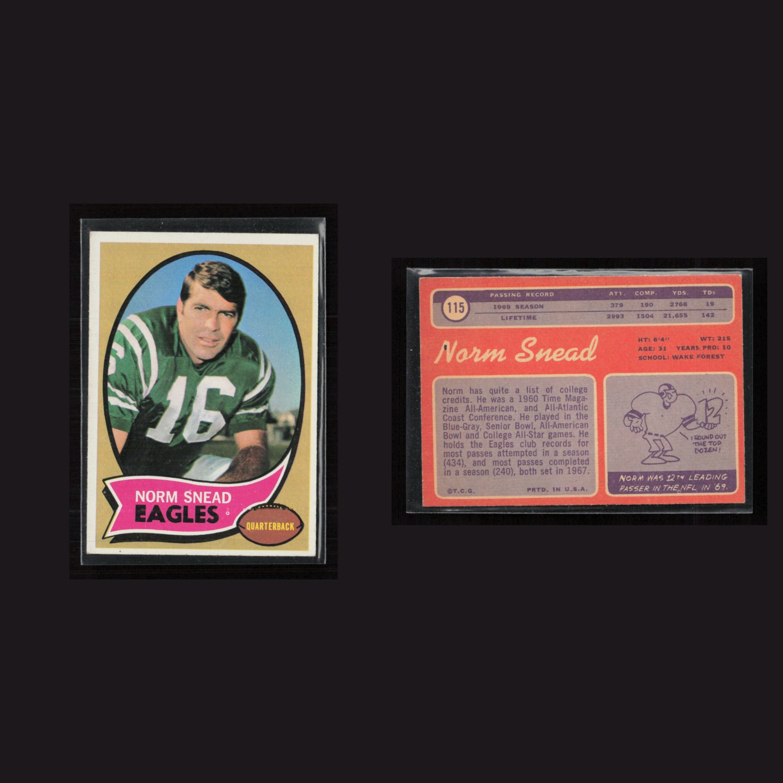 1970 Norm Snead #115 EX Topps Philadelphia Eagles Vintage Football Card NFL front and back scans. Card condition is as shown in the scans.