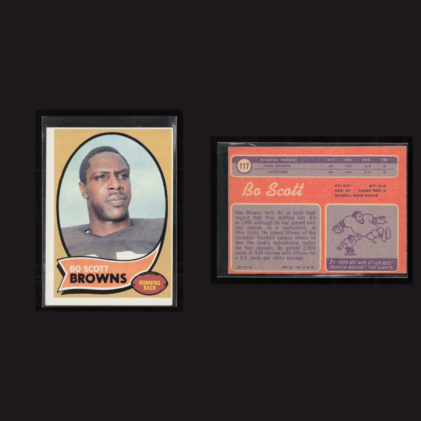 1970 Bo Scott #117 EX Topps Cleveland Browns Vintage Football Card Set-Break NFL front and back scans. Card condition is as shown in the scans.