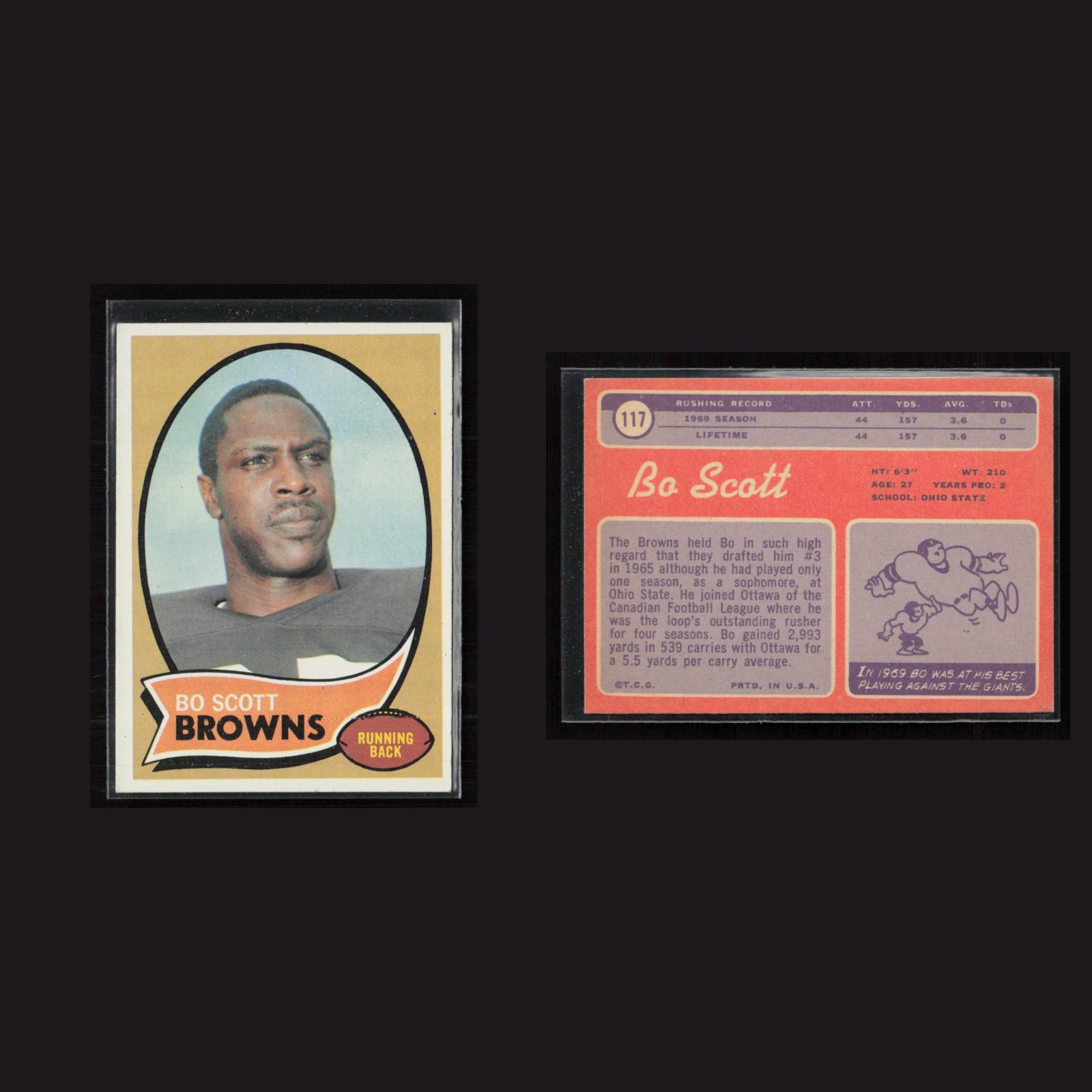 1970 Bo Scott #117 EX-EXMINT Topps Cleveland Browns Vintage Football Card NFL front and back scans. Card condition is as shown in the scans.