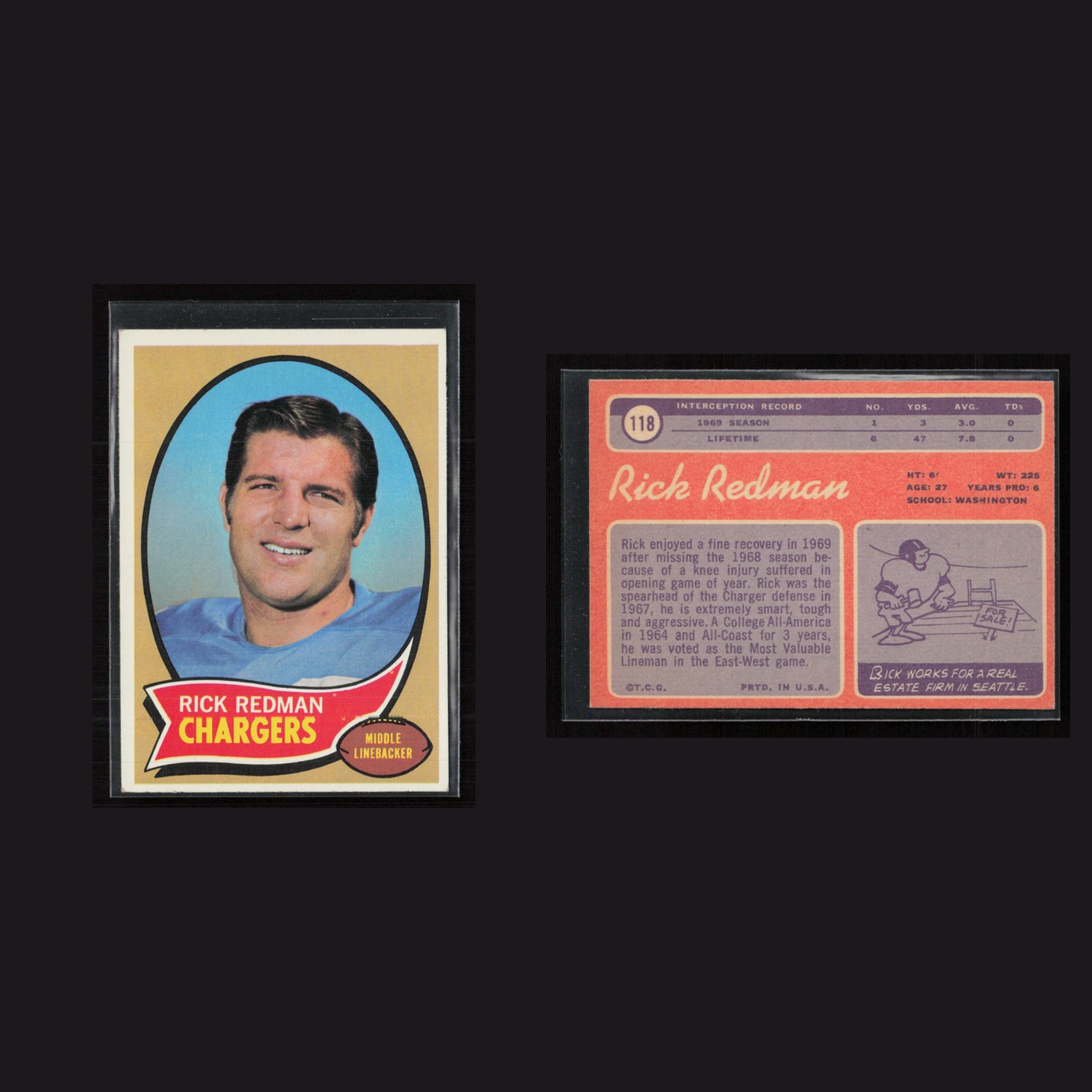 1970 Rick Redman #118 EX-EXMINT Topps Los Angeles Chargers Vintage Football Card front and back scans. Card condition is as shown in the scans.