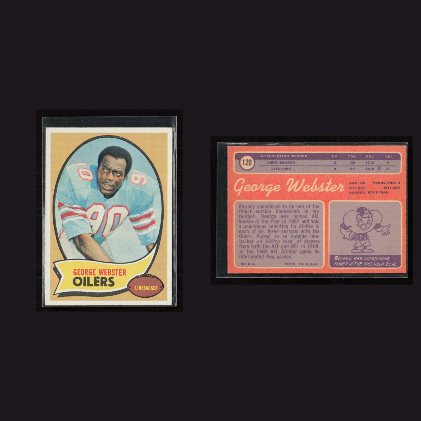 1970 George Webster #120 EX-EXMINT Topps Houston Oilers Vintage Football Card front and back scans. Card condition is as shown in the scans.