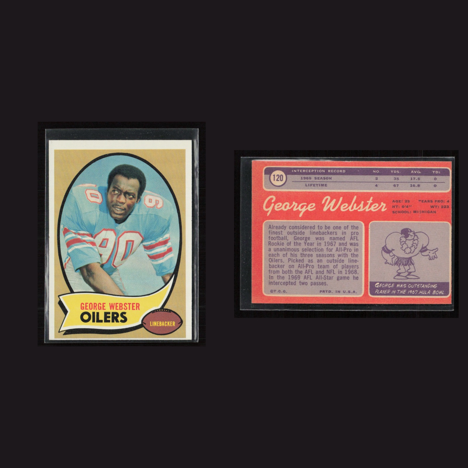 1970 George Webster #120 EX Topps Houston Oilers Vintage Football Card Set-Break front and back scans. Card condition is as shown in the scans.