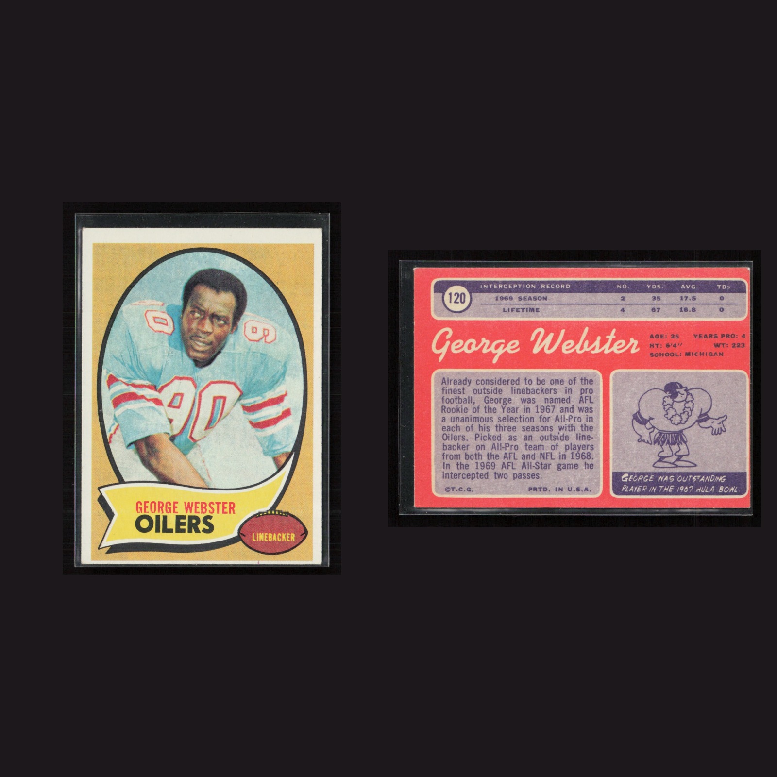 1970 George Webster #120 EX Topps Houston Oilers Vintage Football Card Set-Break front and back scans. Card condition is as shown in the scans.