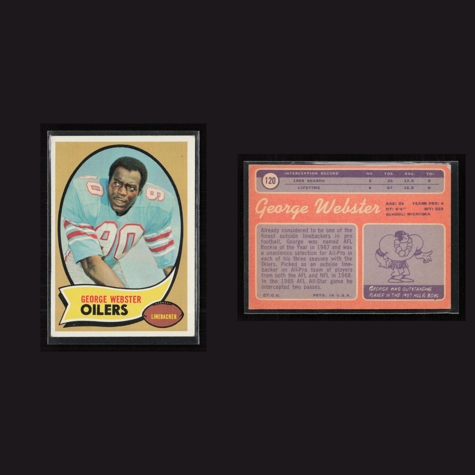 1970 George Webster #120 EX Topps Houston Oilers Vintage Football Card Set-Break front and back scans. Card condition is as shown in the scans.