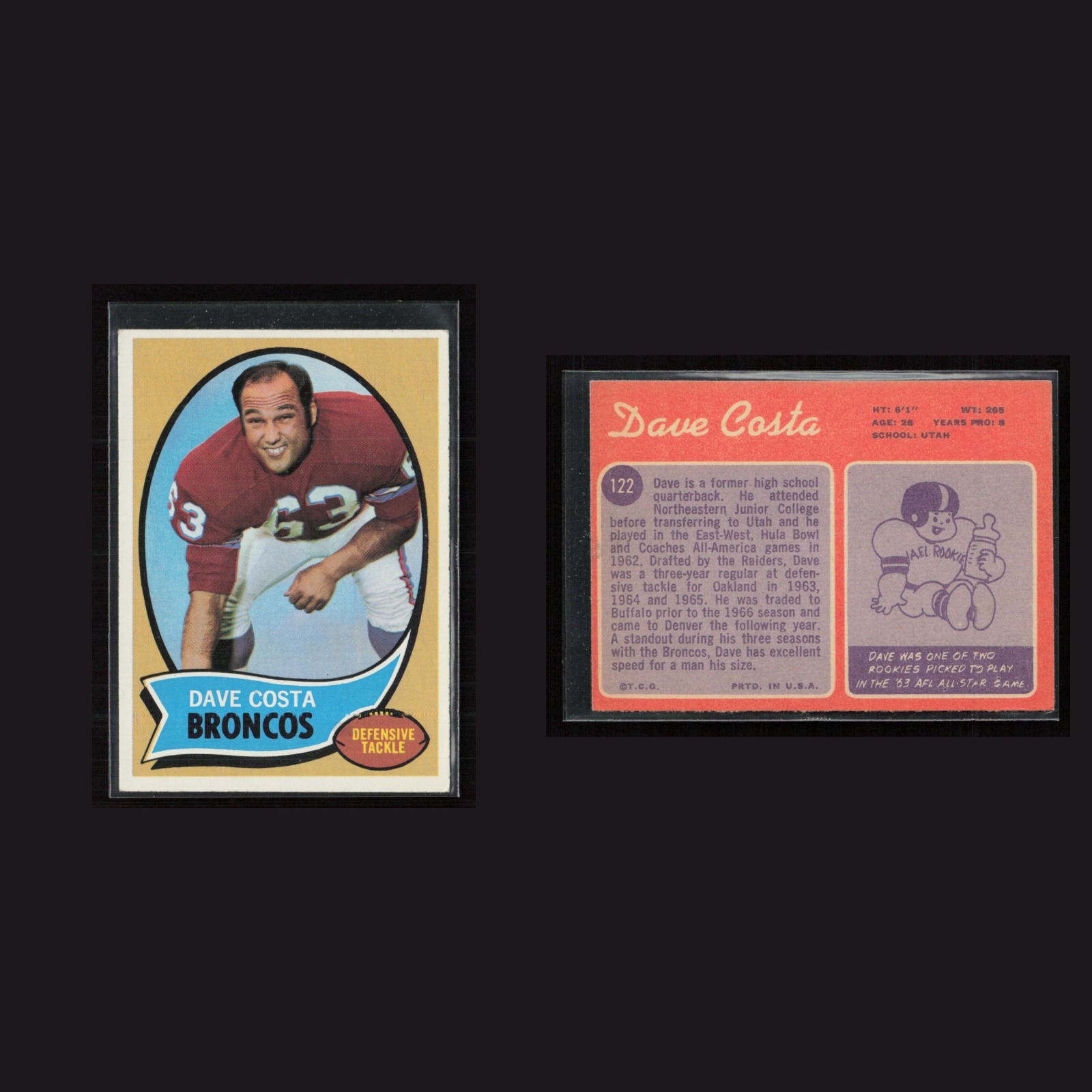 1970 Rookie Dave Costa #122 EX-EXMINT Topps Denver Broncos Vintage Football Card front and back scans. Card condition is as shown in the scans.