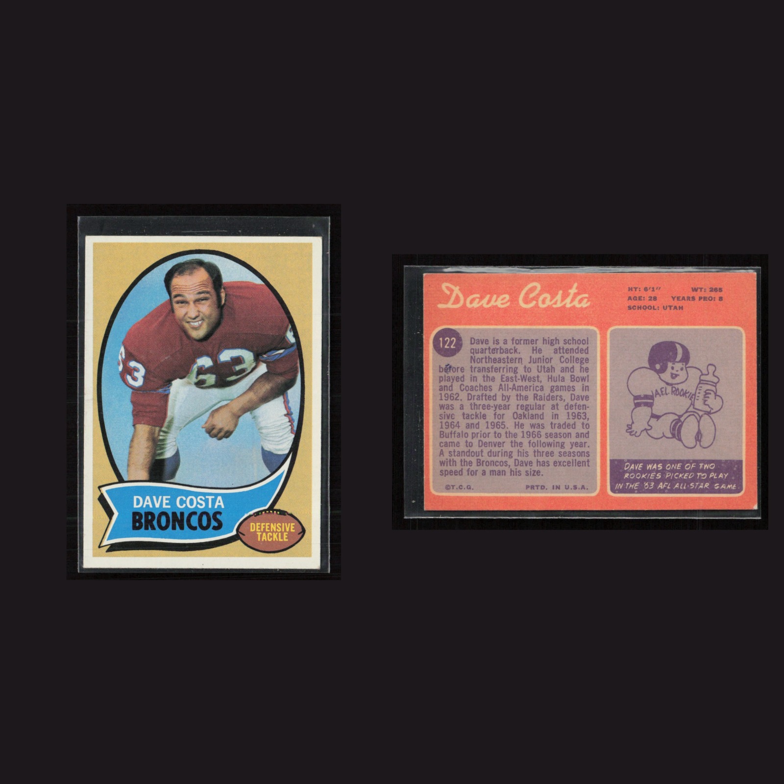 1970 Rookie Dave Costa #122 EX-EXMINT Topps Denver Broncos Vintage Football Card front and back scans. Card condition is as shown in the scans.