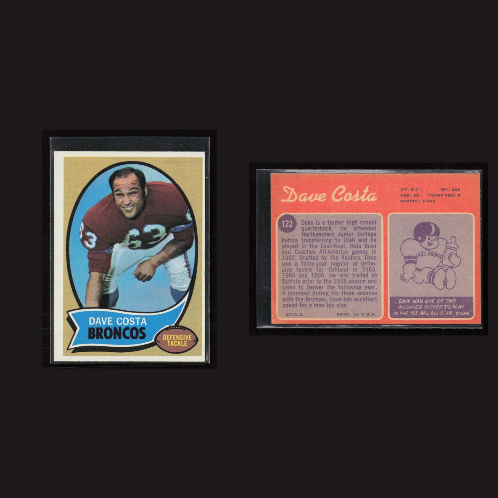 1970 Rookie Dave Costa #122 EX Topps Denver Broncos Vintage Football Card NFL front and back scans. Card condition is as shown in the scans.