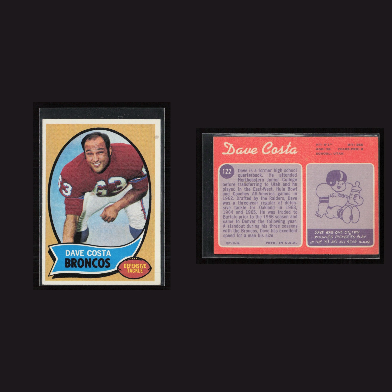 1970 Rookie Dave Costa #122 EX-EXMINT Topps Denver Broncos Vintage Football Card front and back scans. Card condition is as shown in the scans.