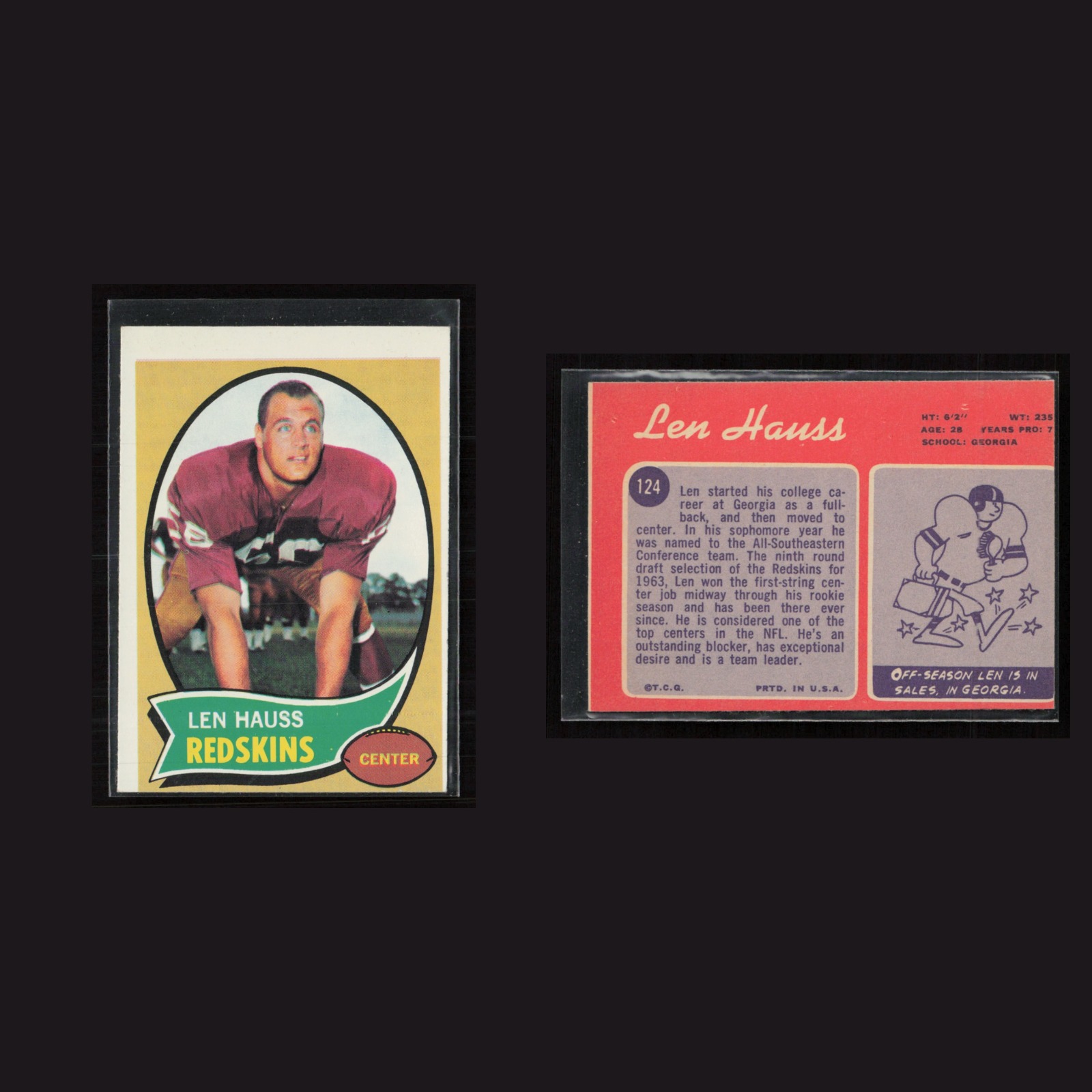 1970 Len Hauss #124 EX Topps (MC) Washington Redskins Vintage Football Card NFL front and back scans. Card condition is as shown in the scans.