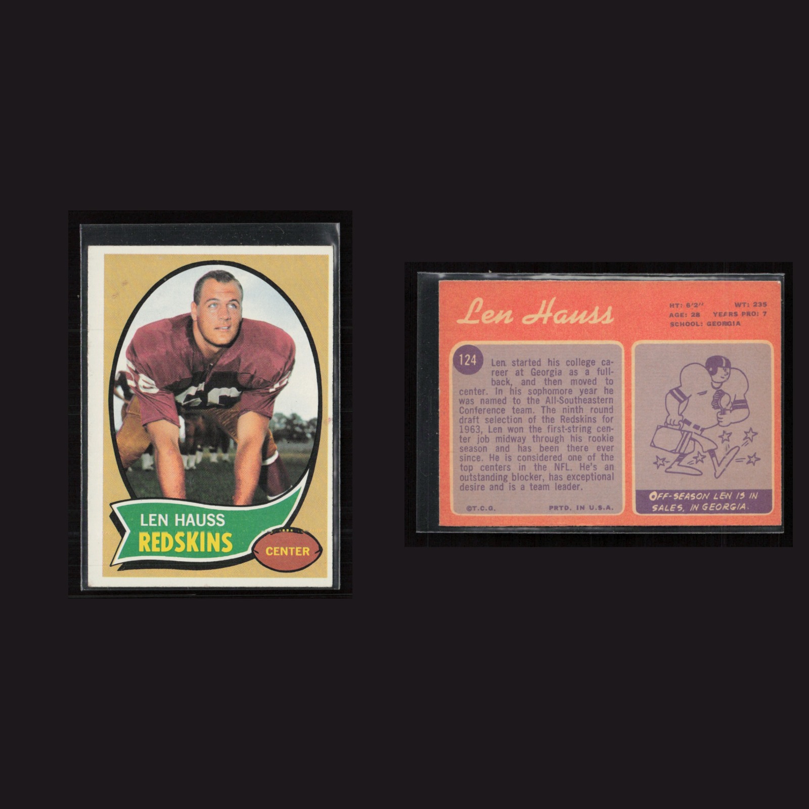 1970 Len Hauss #124 EX Topps Washington Redskins Vintage Football Card Set-Break front and back scans. Card condition is as shown in the scans.