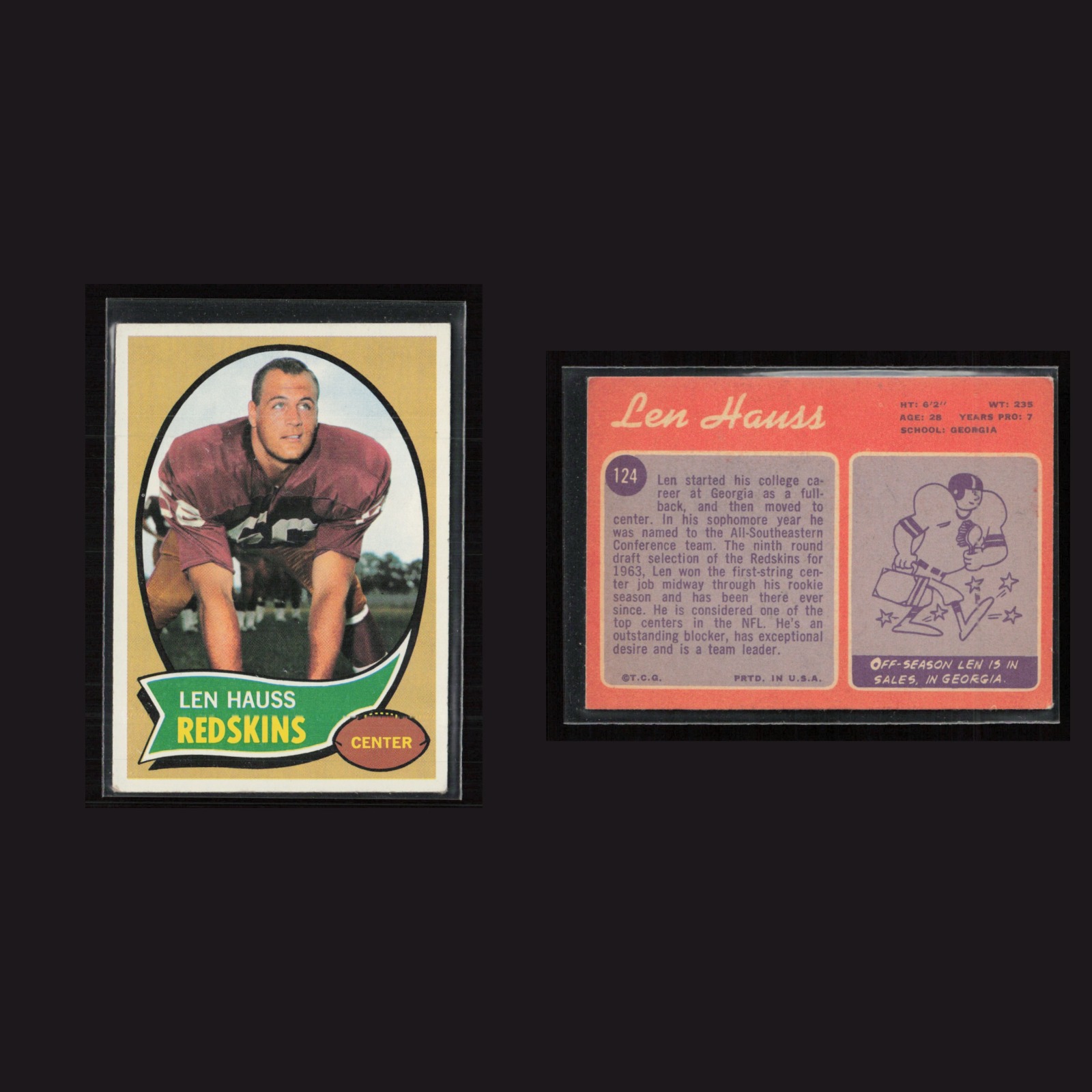 1970 Len Hauss #124 EX-EXMINT Topps Washington Redskins Vintage Football Card front and back scans. Card condition is as shown in the scans.