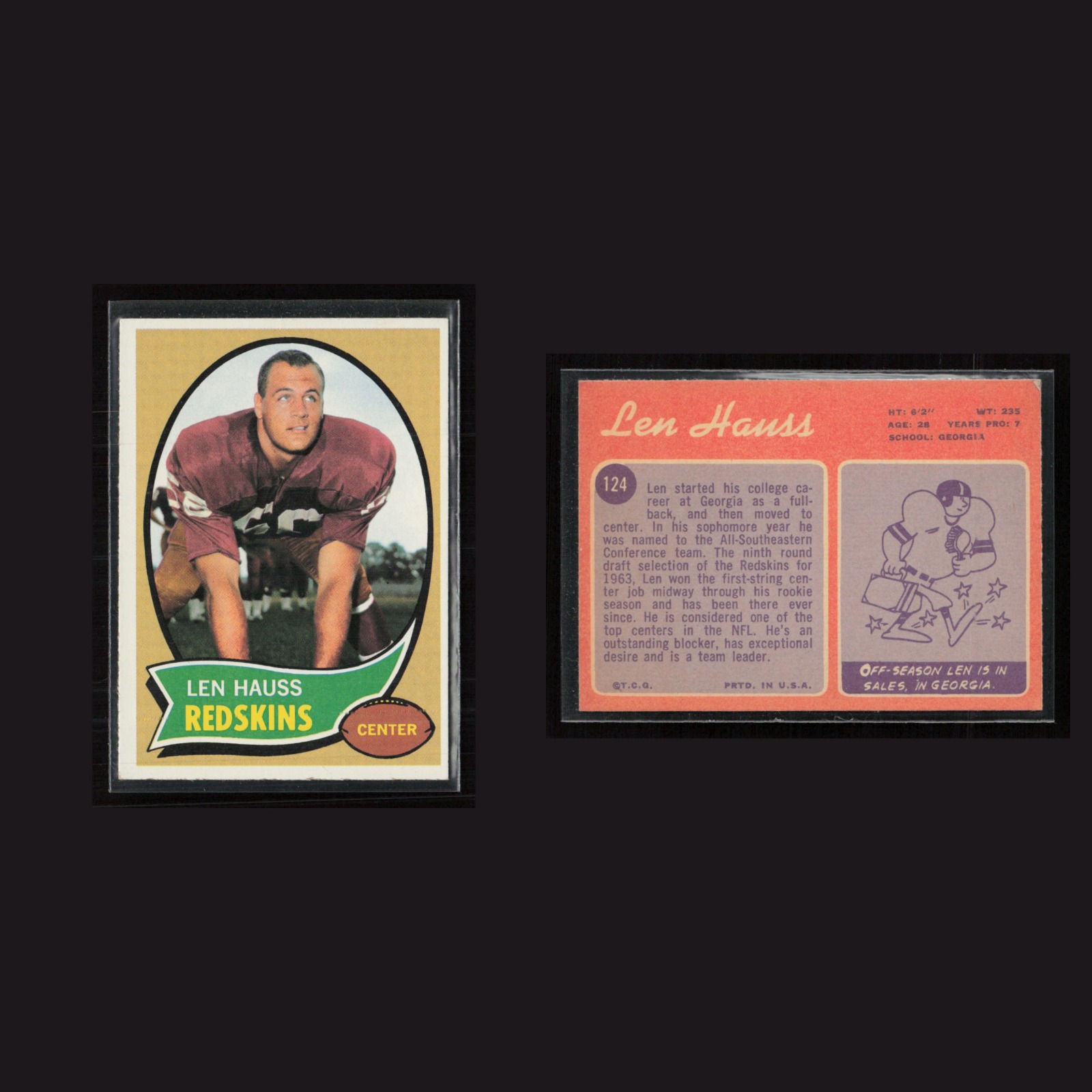 1970 Len Hauss #124 EX Topps Washington Redskins Vintage Football Card Set-Break front and back scans. Card condition is as shown in the scans.