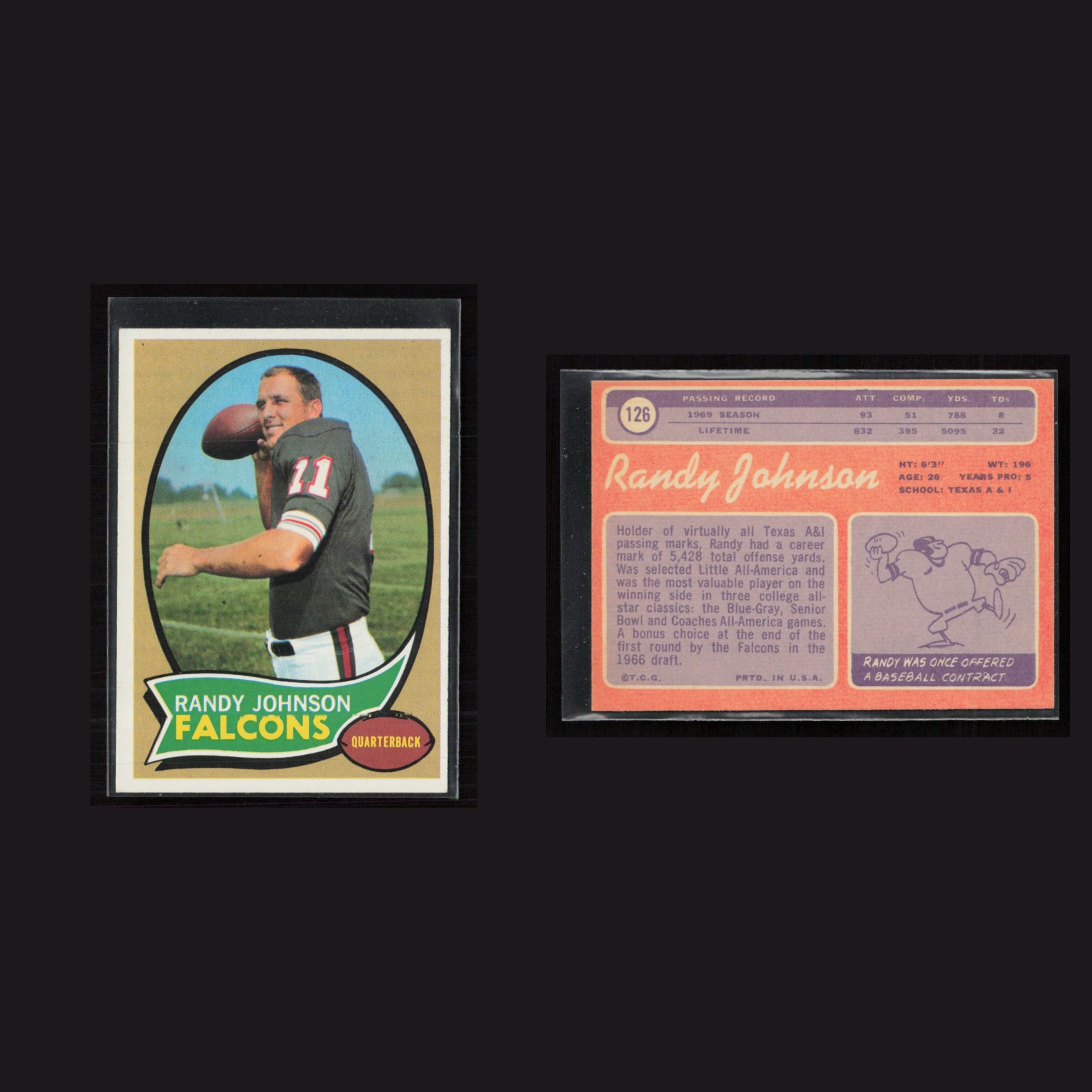1970 Randy Johnson #126 EX-EXMINT Topps Atlanta Falcons Vintage Football Card front and back scans. Card condition is as shown in the scans.
