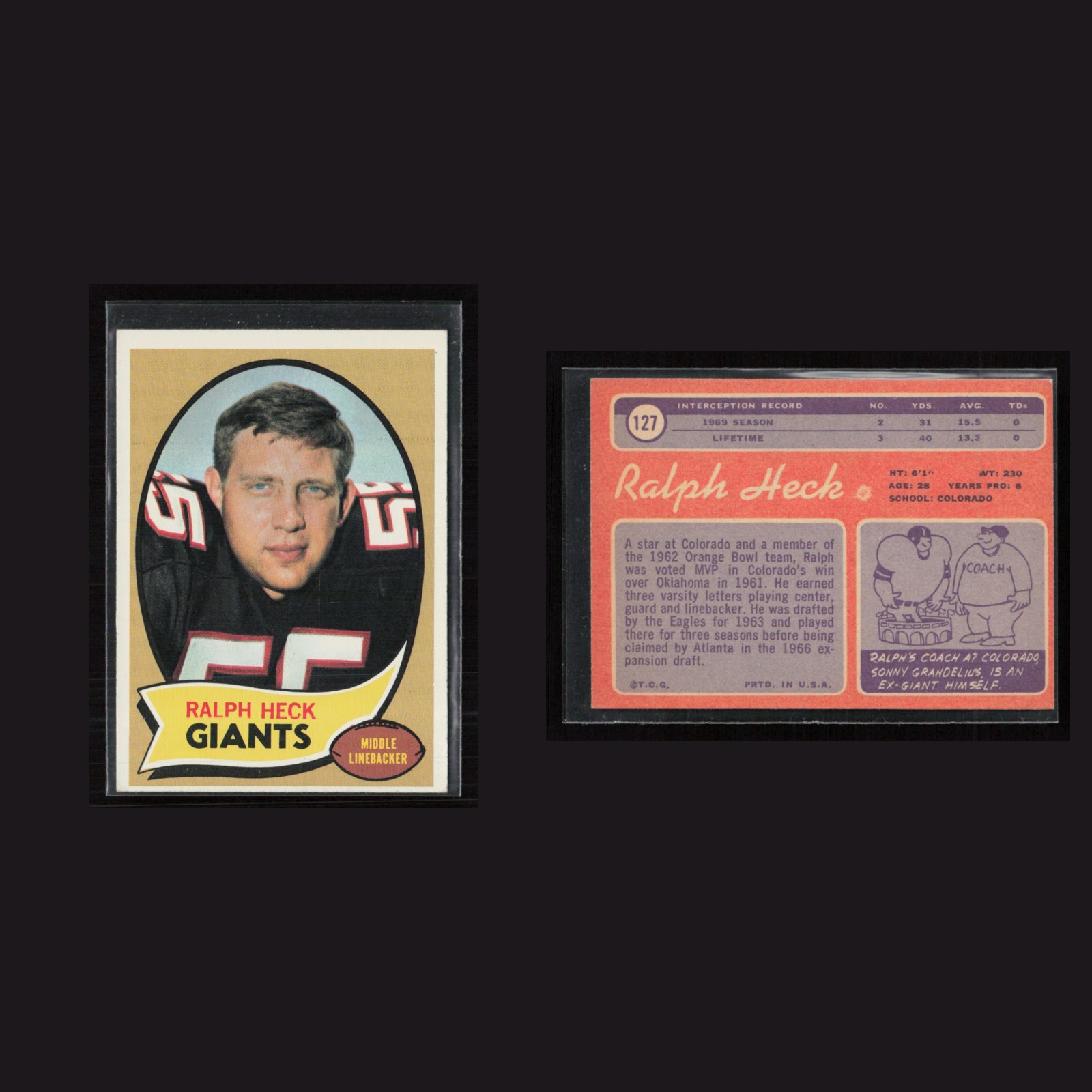 1970 Ralph Heck #127 EX Topps New York Giants Vintage Football Card Set-Break front and back scans. Card condition is as shown in the scans.