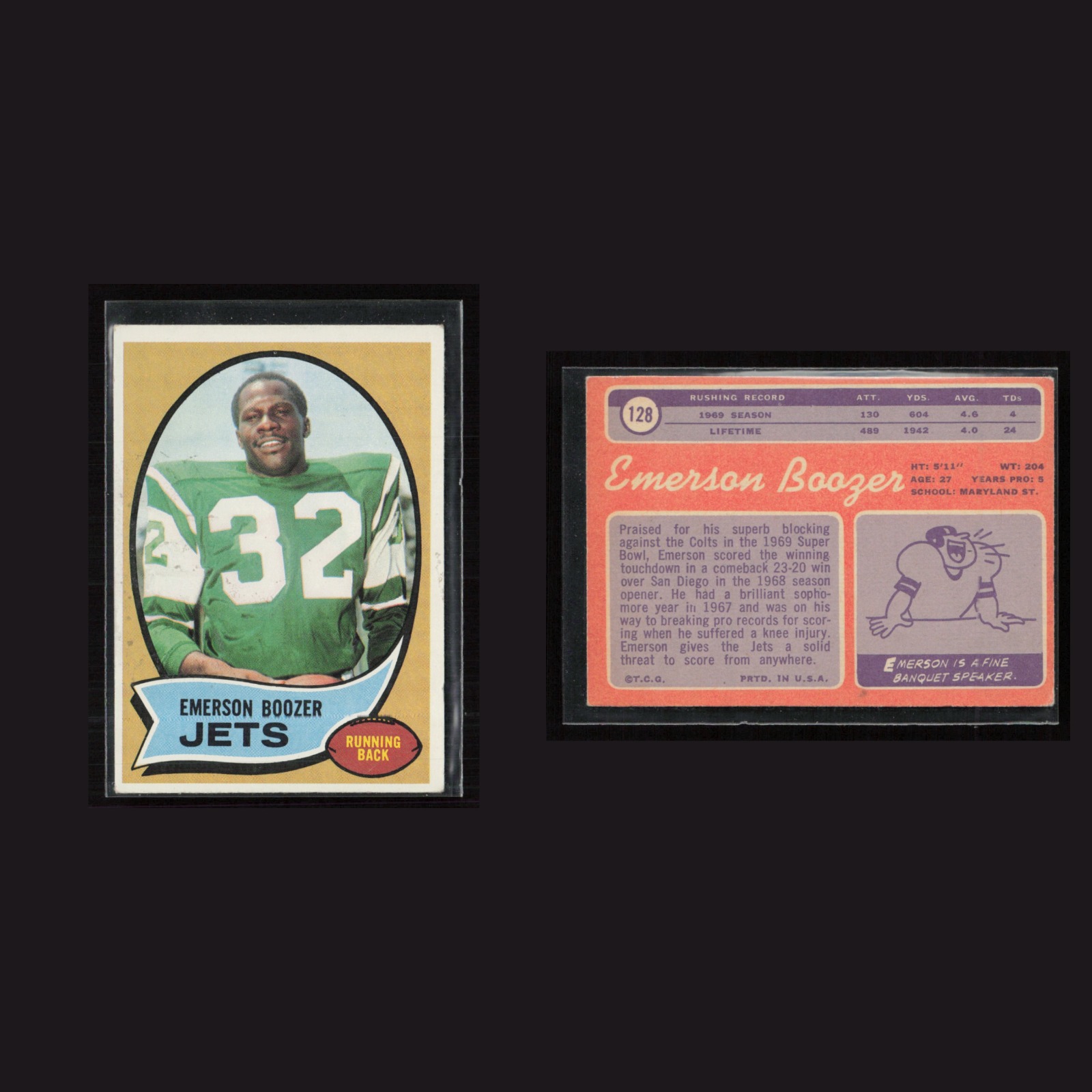 1970 Emerson Boozer #128 EX-EXMINT Topps New York Jets Vintage Football Card NFL front and back scans. Card condition is as shown in the scans.