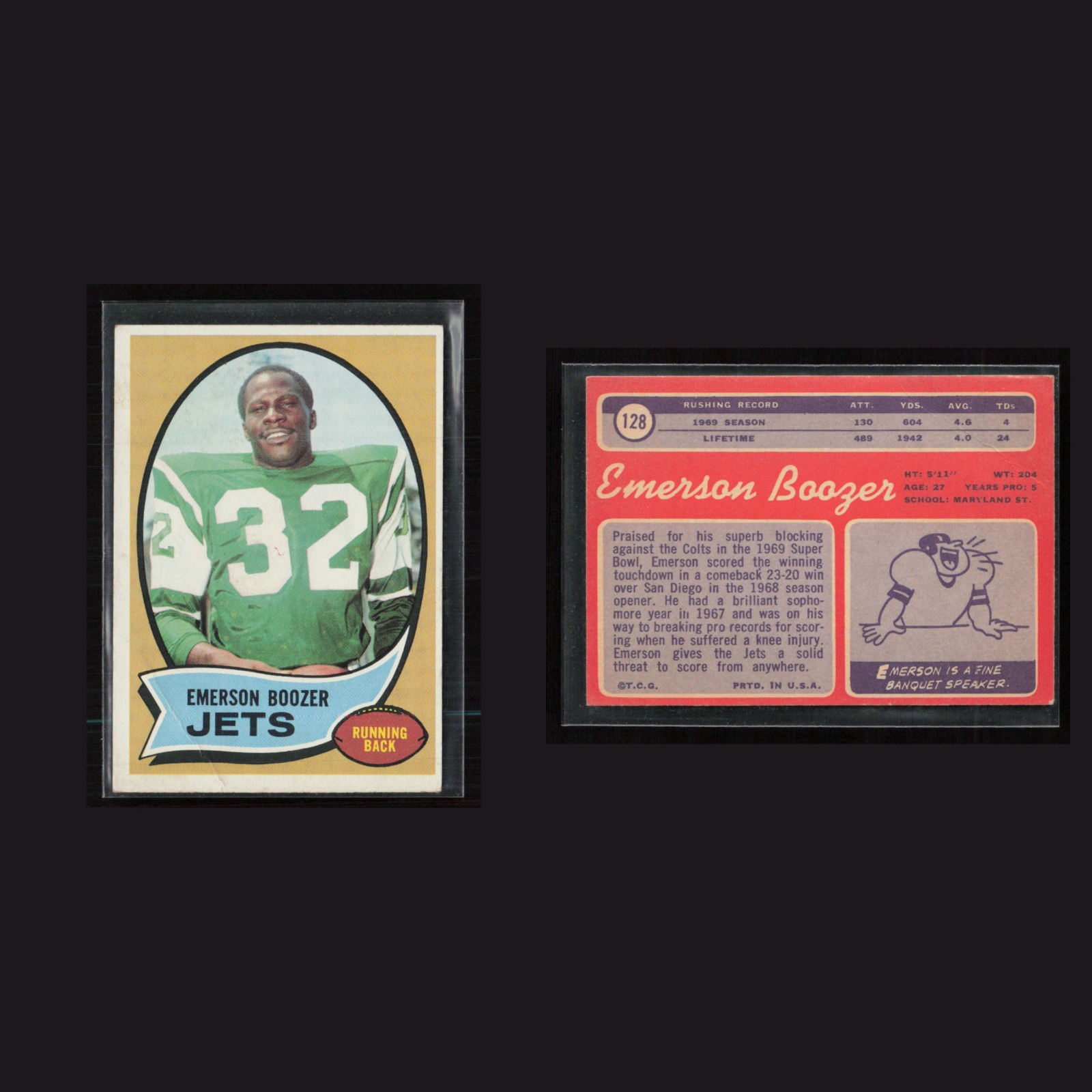 1970 Emerson Boozer #128 EX-EXMINT Topps New York Jets Vintage Football Card NFL front and back scans. Card condition is as shown in the scans.