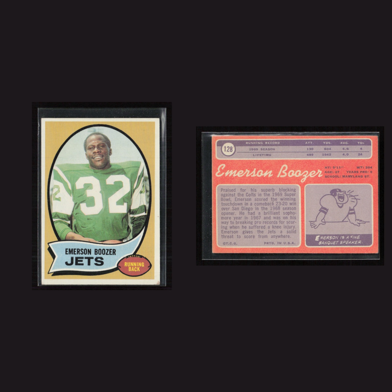 1970 Emerson Boozer #128 EX-EXMINT Topps New York Jets Vintage Football Card NFL front and back scans. Card condition is as shown in the scans.