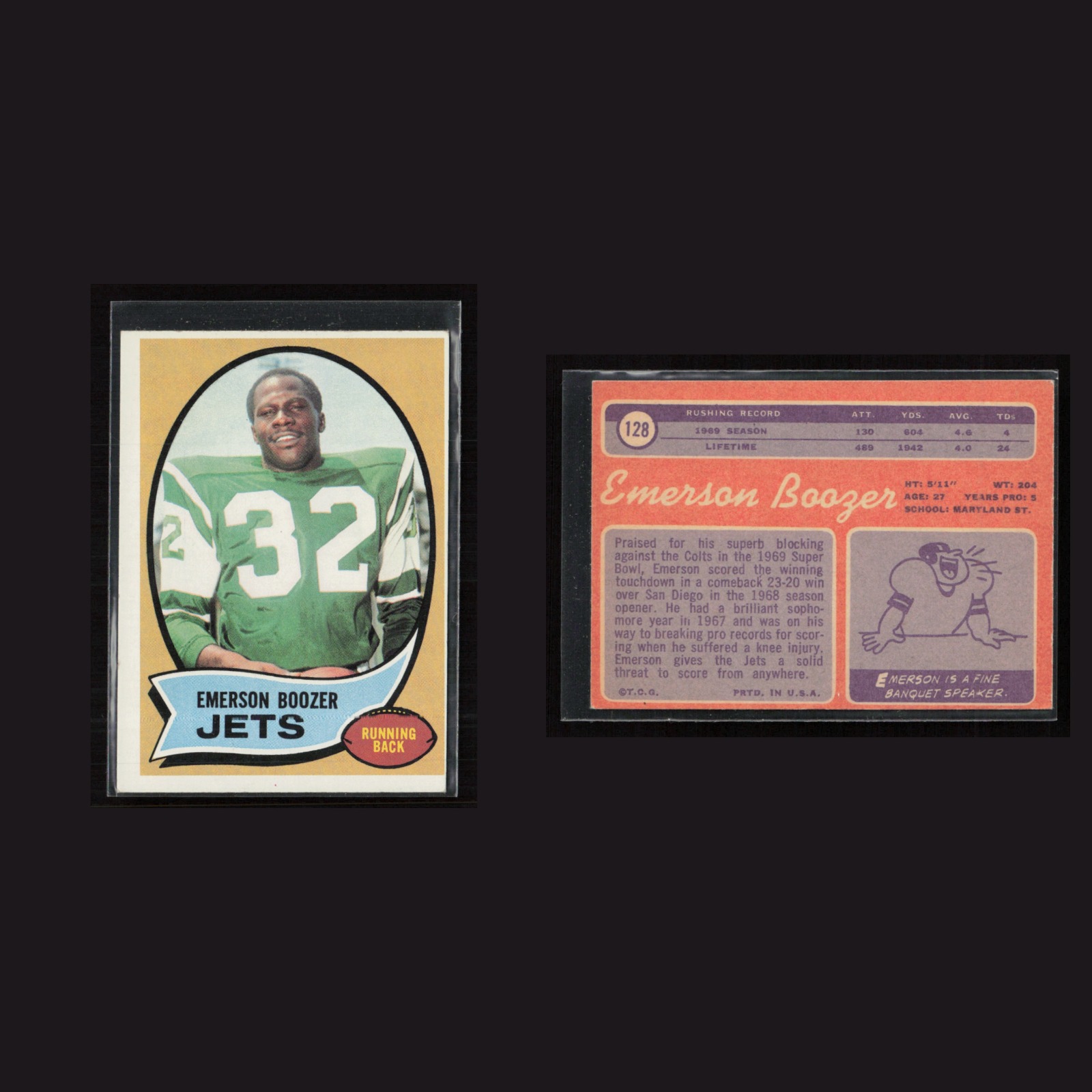 1970 Emerson Boozer #128 EX Topps New York Jets Vintage Football Card Set-Break front and back scans. Card condition is as shown in the scans.