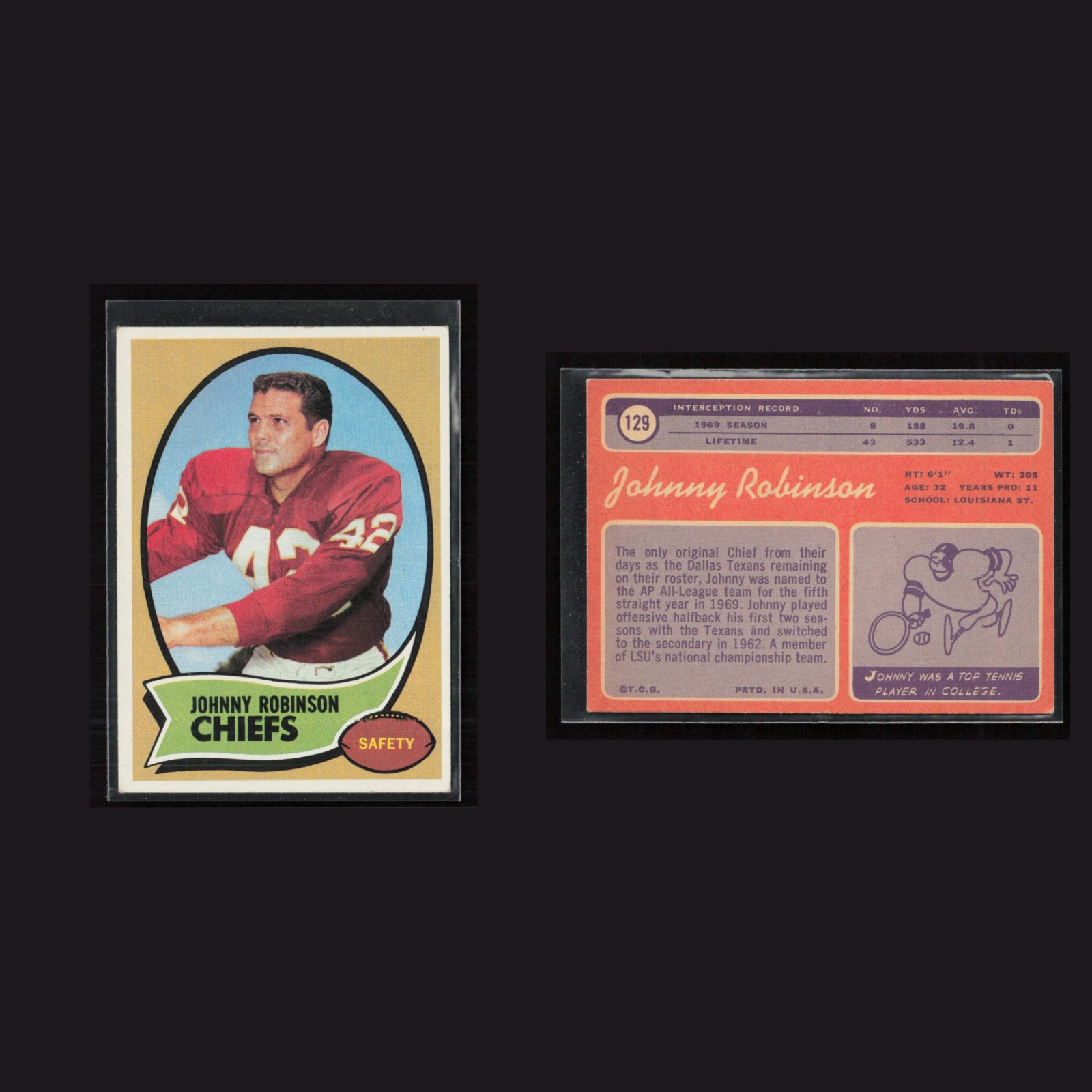 1970 Johnny Robinson #129 EX-EXMINT Topps Kansas City Chiefs Vintage Football front and back scans. Card condition is as shown in the scans.