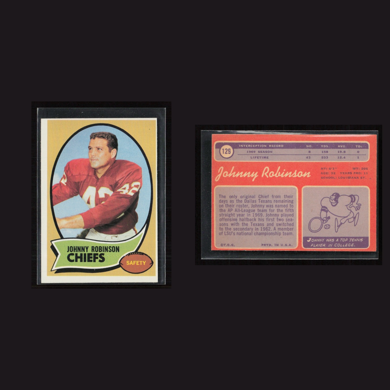 1970 Johnny Robinson #129 EX Topps Kansas City Chiefs Vintage Football Card NFL front and back scans. Card condition is as shown in the scans.