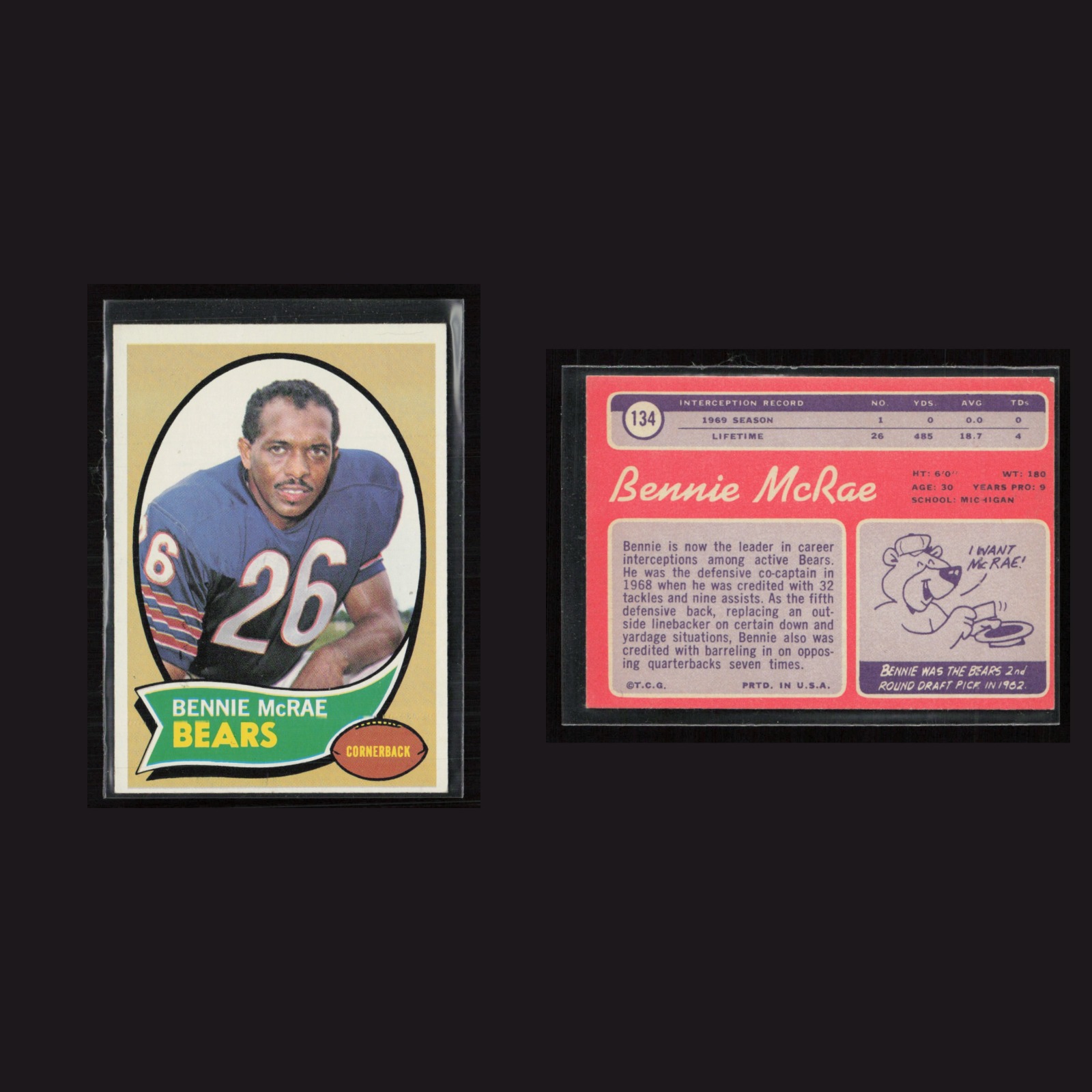1970 Bennie McRae #134 EX Topps Chicago Bears Vintage Football Card Set-Break front and back scans. Card condition is as shown in the scans.