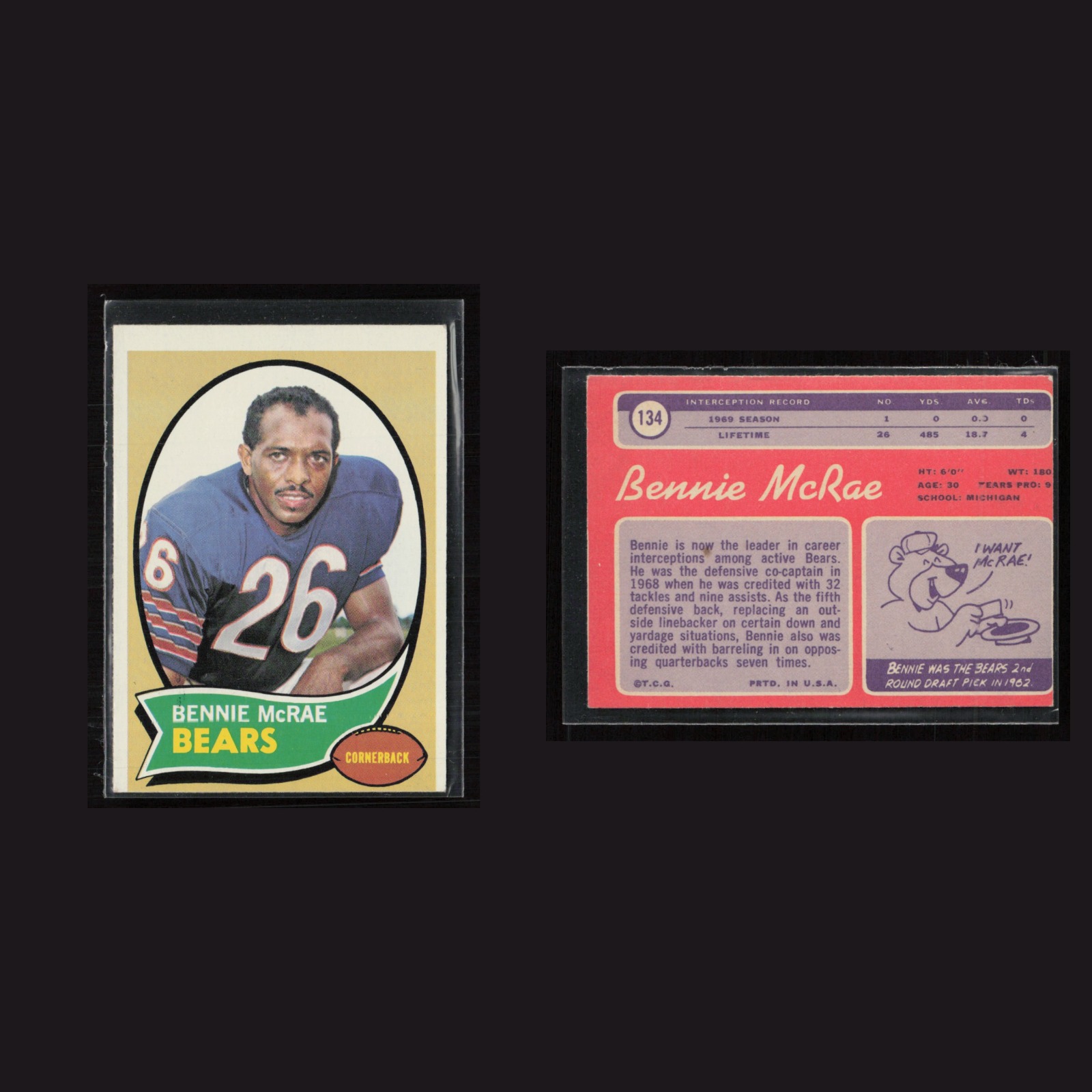 1970 Bennie McRae #134 EX Topps (MC) Chicago Bears Vintage Football Card NFL front and back scans. Card condition is as shown in the scans.