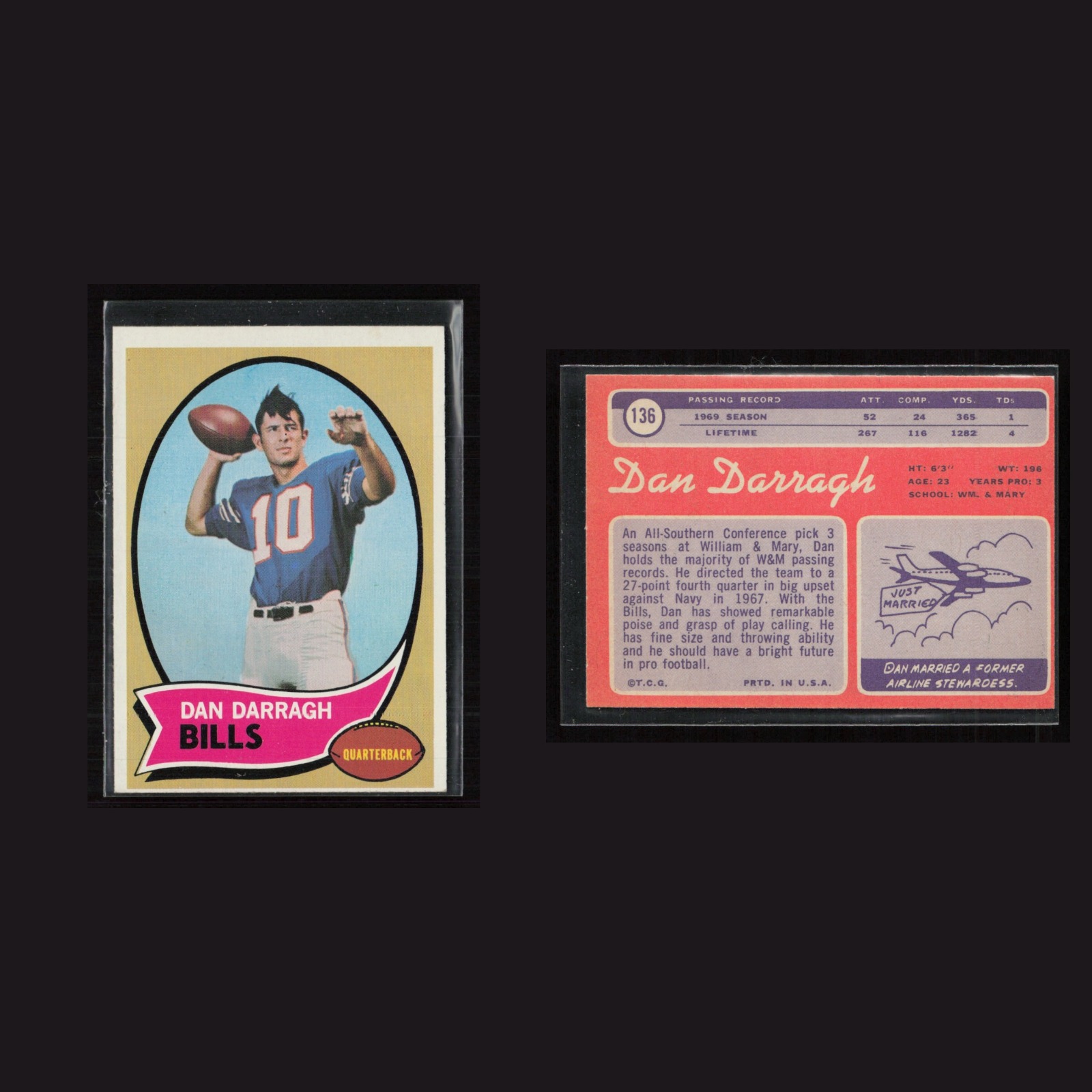 1970 Dan Darragh #136 EX Topps Buffalo Bills Vintage Football Card Set-Break NFL front and back scans. Card condition is as shown in the scans.