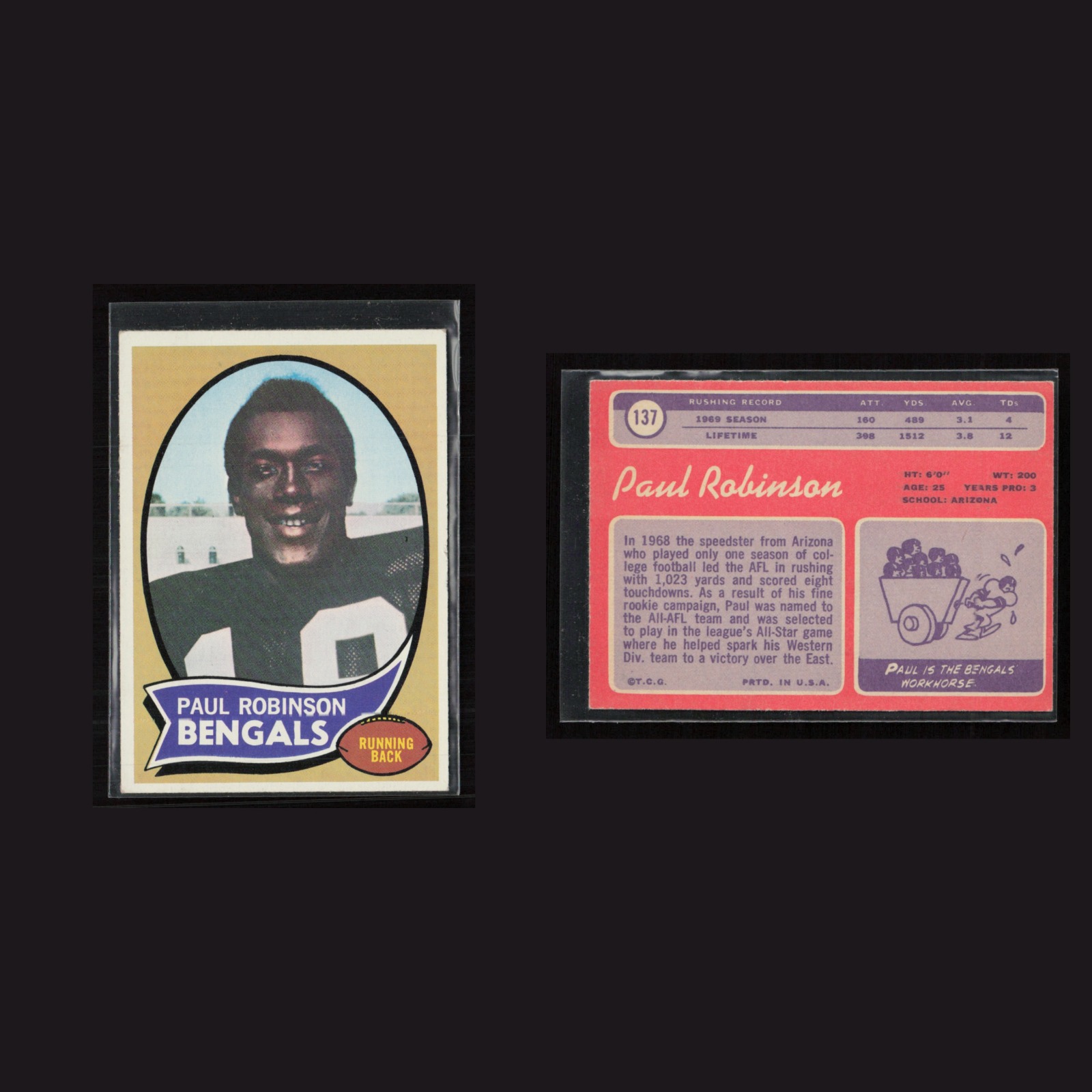 1970 Rookie Paul Robinson #137 EX-EXMINT Topps Cincinnati Bengals Vintage Card front and back scans. Card condition is as shown in the scans.