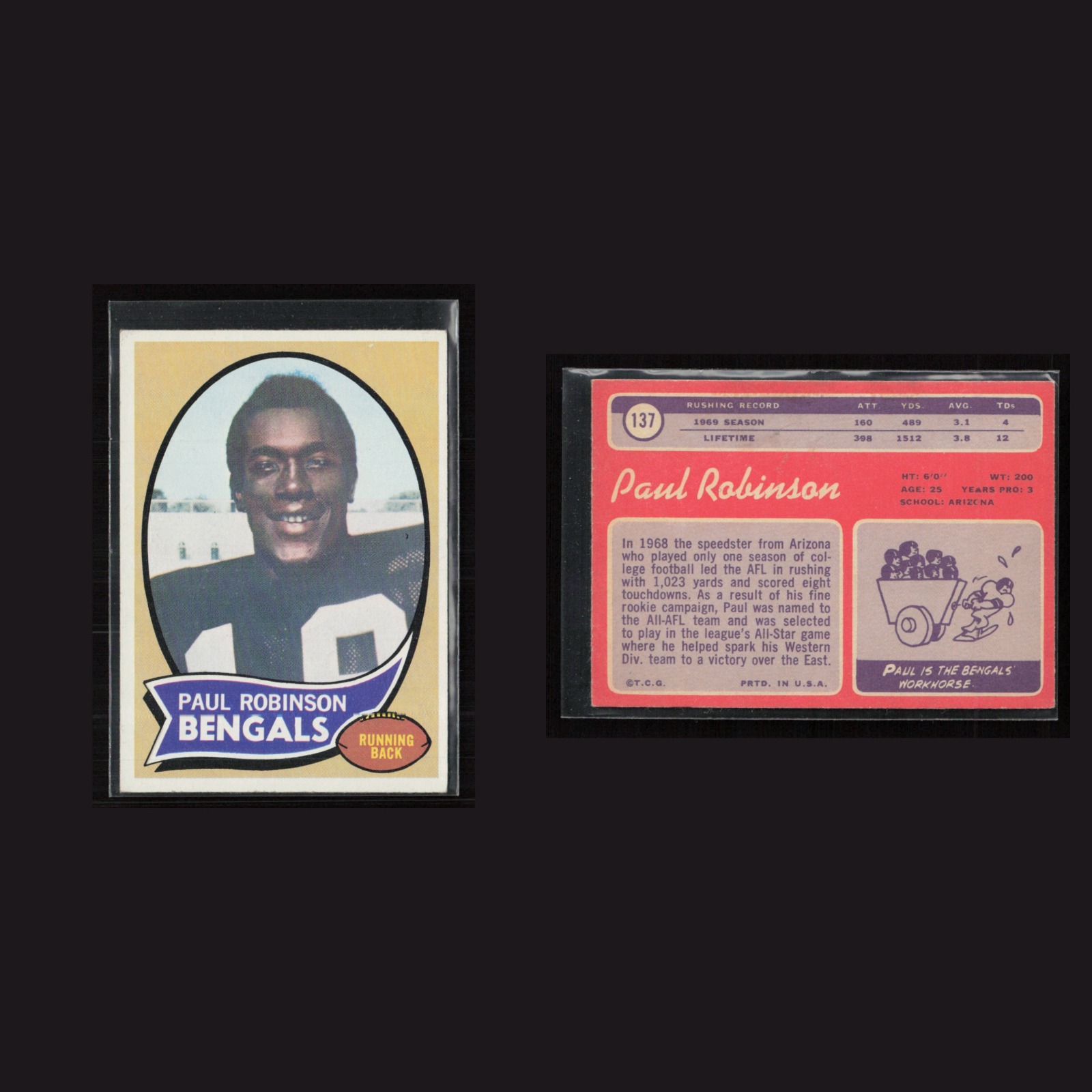 1970 Rookie Paul Robinson #137 EX-EXMINT Topps Cincinnati Bengals Vintage Card front and back scans. Card condition is as shown in the scans.