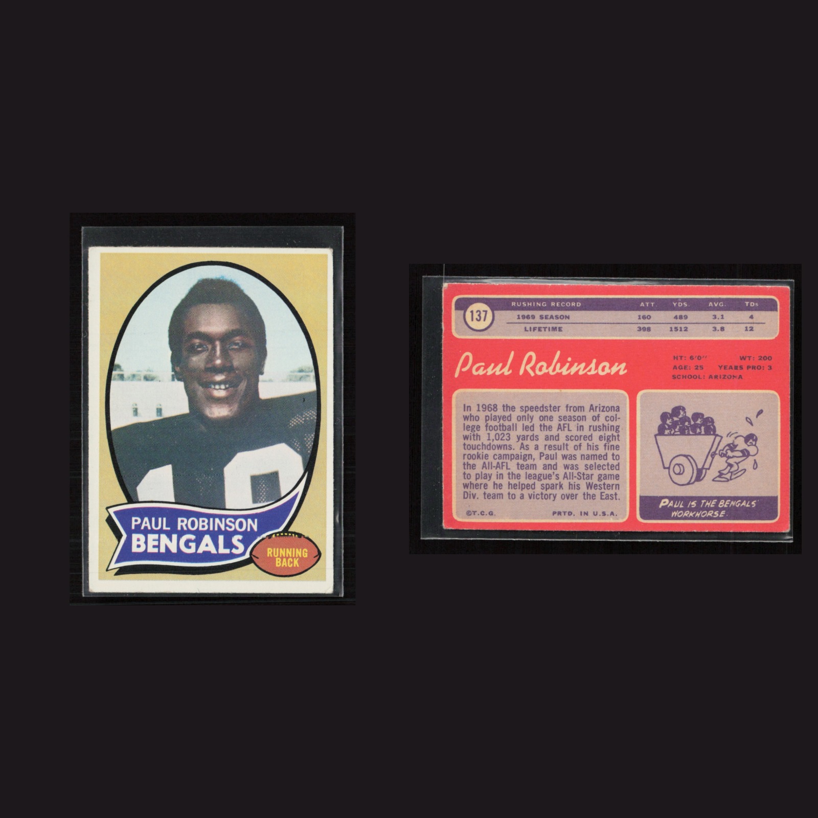 1970 Rookie Paul Robinson #137 EX Topps Cincinnati Bengals Vintage Football Card front and back scans. Card condition is as shown in the scans.