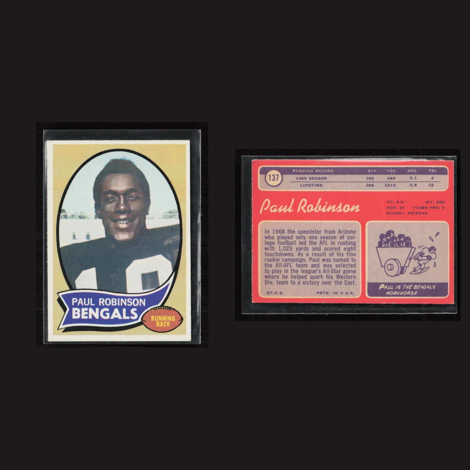 1970 Rookie Paul Robinson #137 EX Topps Cincinnati Bengals Vintage Football Card front and back scans. Card condition is as shown in the scans.