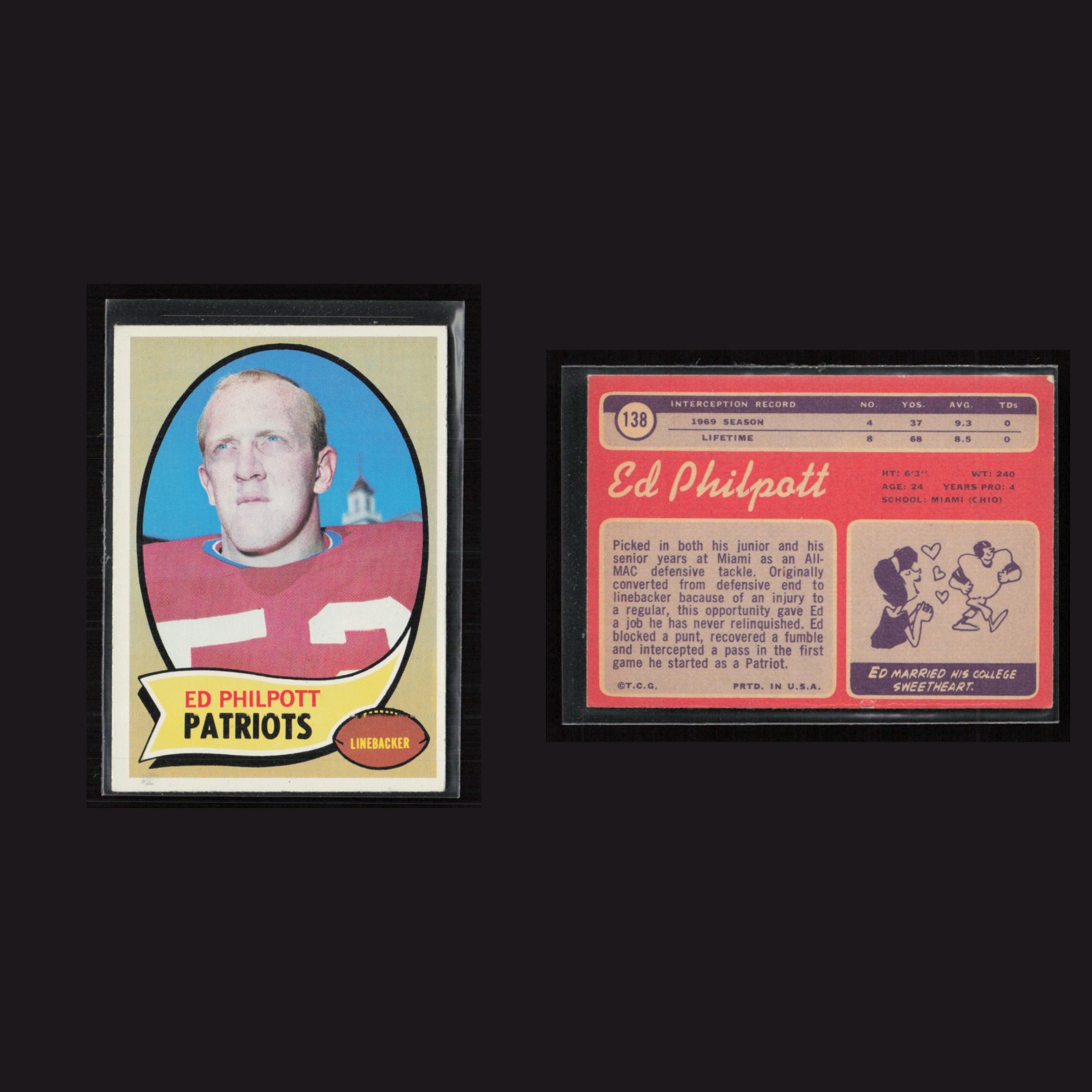 1970 Ed Philpott #138 EX-EXMINT Topps New England Patriots Vintage Football Card front and back scans. Card condition is as shown in the scans.