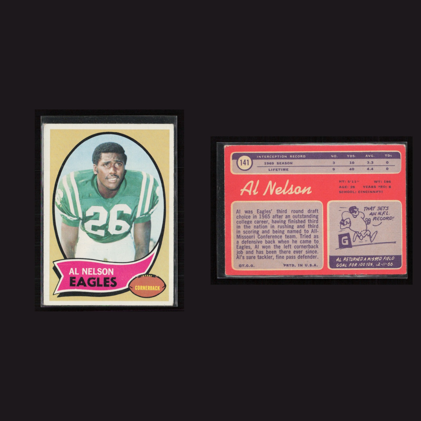 1970 Al Nelson #141 EX Topps Philadelphia Eagles Vintage Football Card Set-Break front and back scans. Card condition is as shown in the scans.