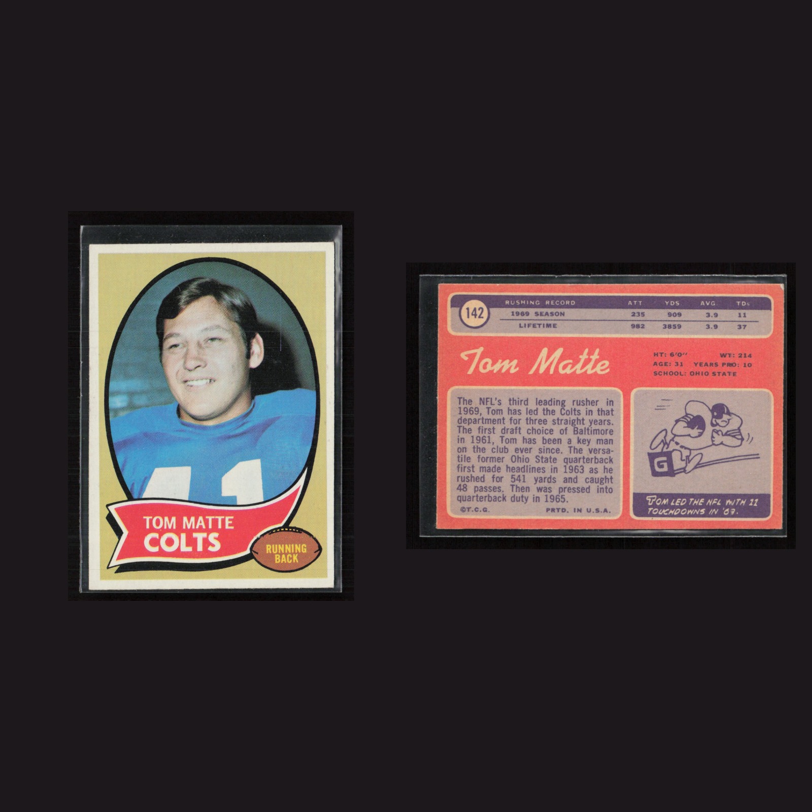 1970 Tom Matte #142 EX-EXMINT Topps Baltimore Colts Vintage Football Card NFL front and back scans. Card condition is as shown in the scans.