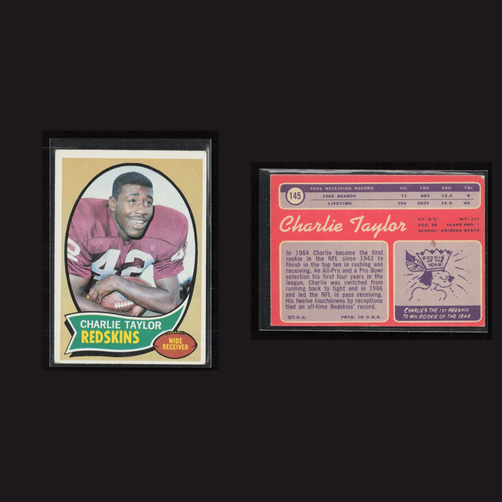 1970 Rookie Charlie Taylor #145 EX Topps Washington Redskins Vintage Football front and back scans. Card condition is as shown in the scans.