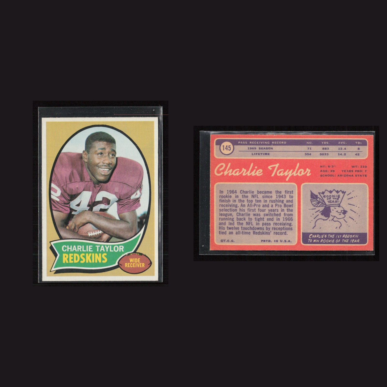 1970 Charlie Taylor #145 EX-EXMINT Topps Washington Redskins Vintage Football front and back scans. Card condition is as shown in the scans.