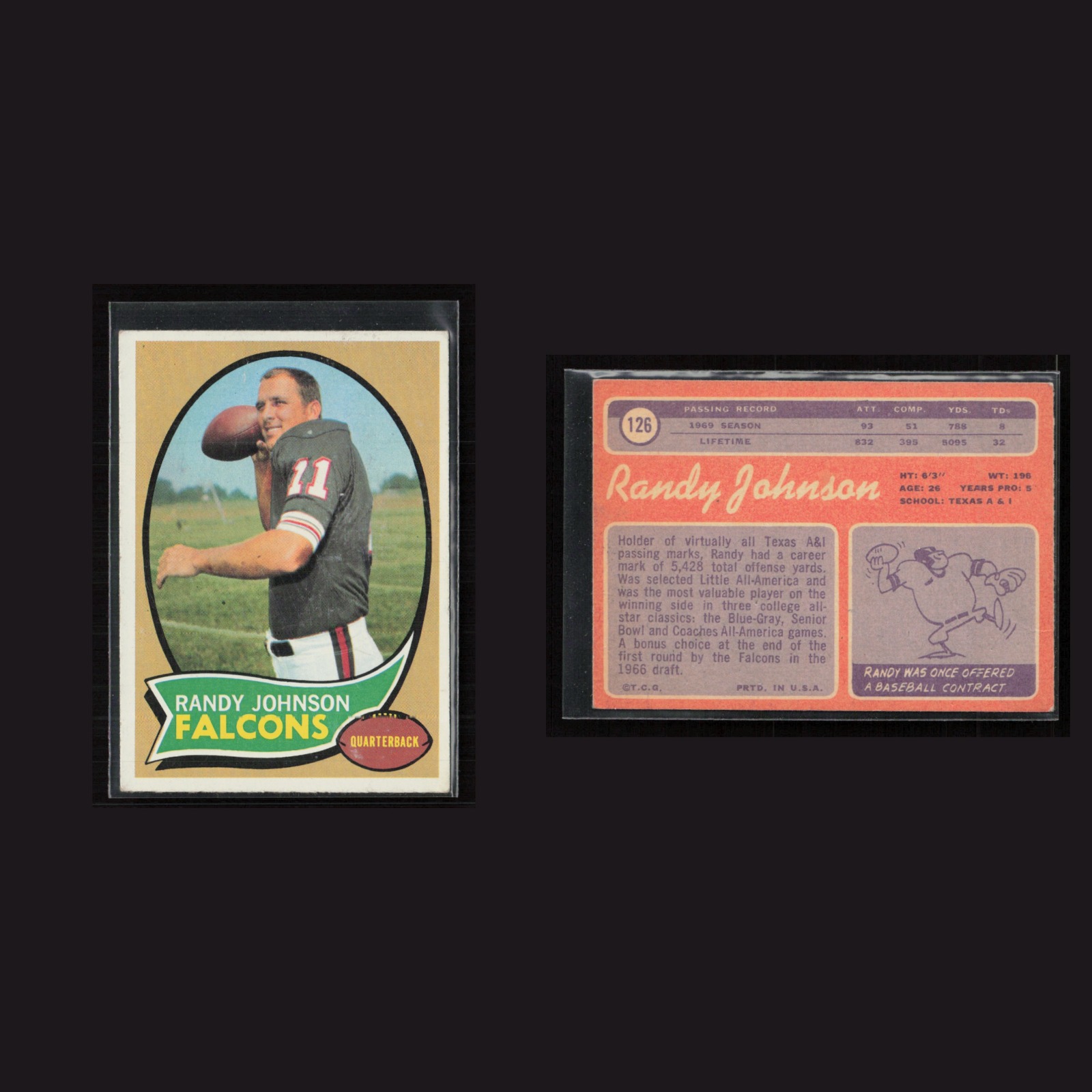 1970 Randy Johnson #126 EX-EXMINT Topps Atlanta Falcons Vintage Football Card front and back scans. Card condition is as shown in the scans.