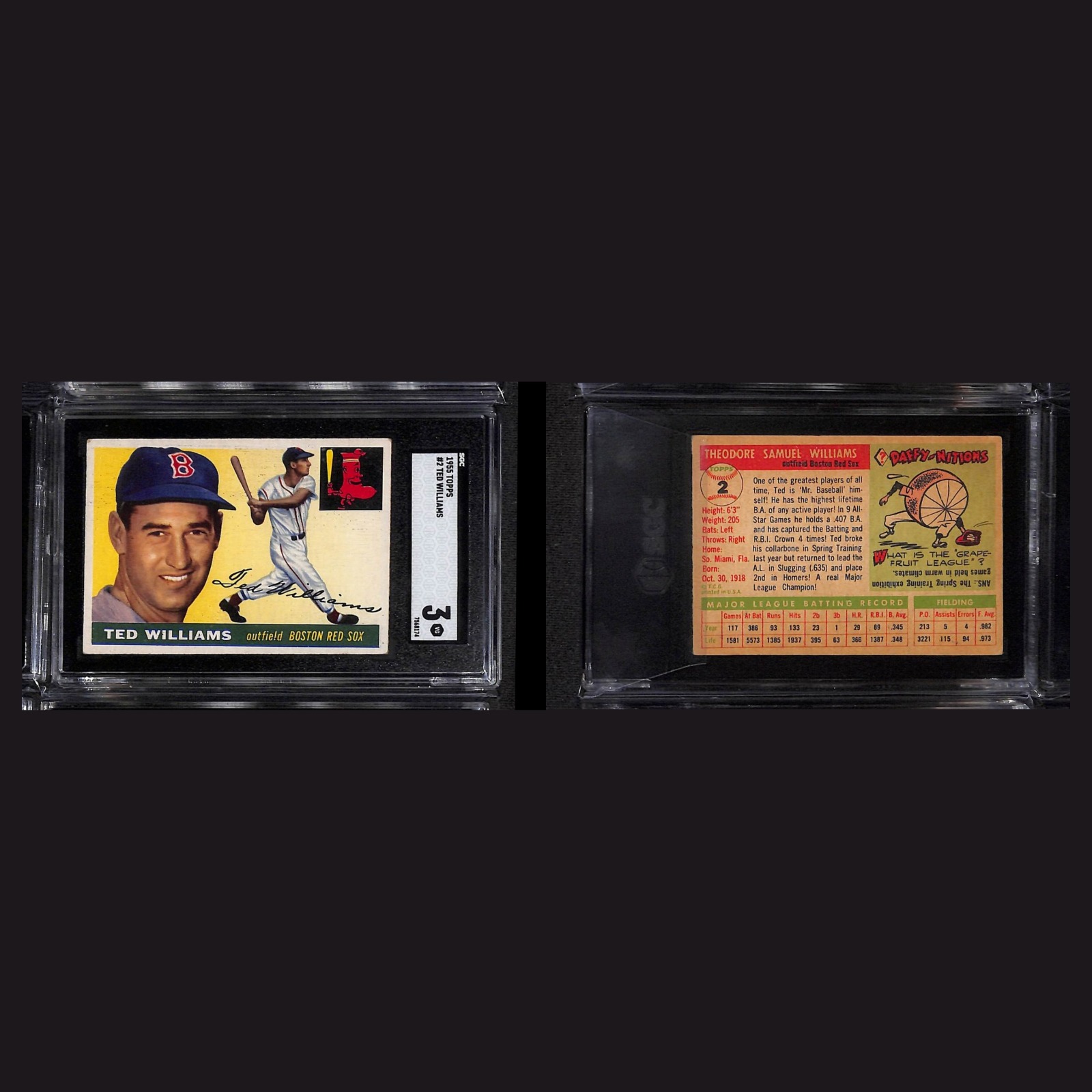 1955 Auto Ted Williams #2 3 SGC Topps Boston Red Sox Vintage Baseball Card MLB front and back scans. Card condition is as shown in the scans.