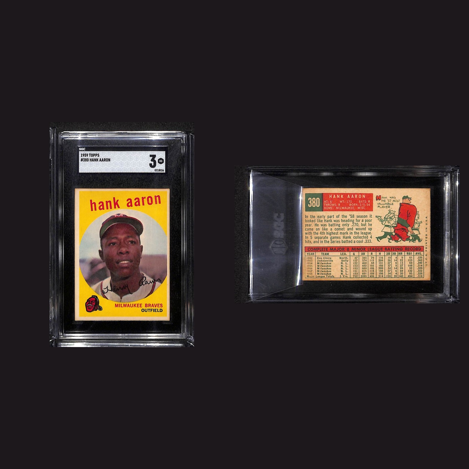 1959 Auto Hank Aaron #380 3 SGC Topps Milwaukee Braves Vintage Baseball Card MLB front and back scans. Card condition is as shown in the scans.